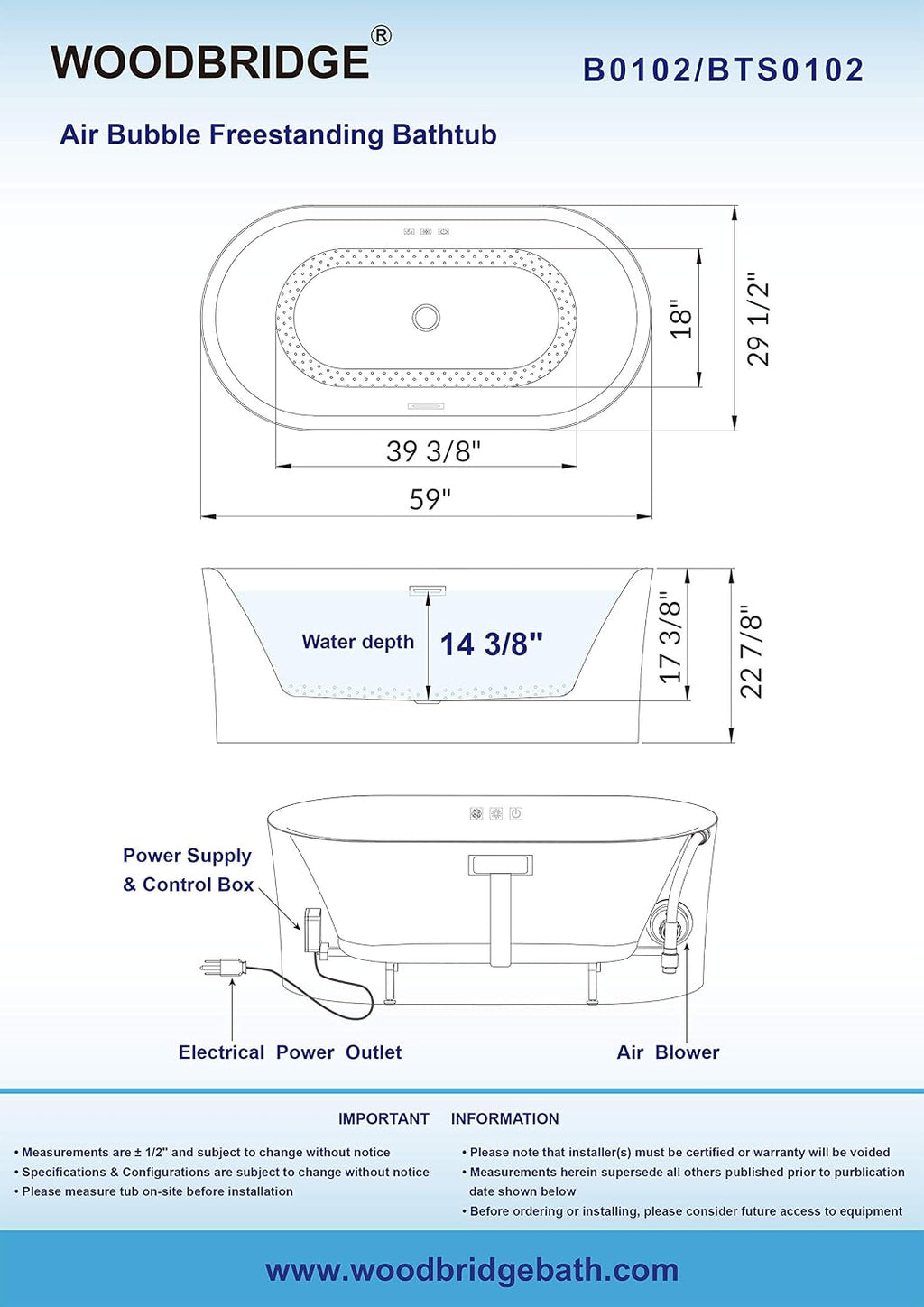 WOODBRIDGE 59' Acrylic Freestanding Bathtub Contemporary Soaking White Tub with Brushed Gold Overflow and Drain，B0102 -BG-Drain &O