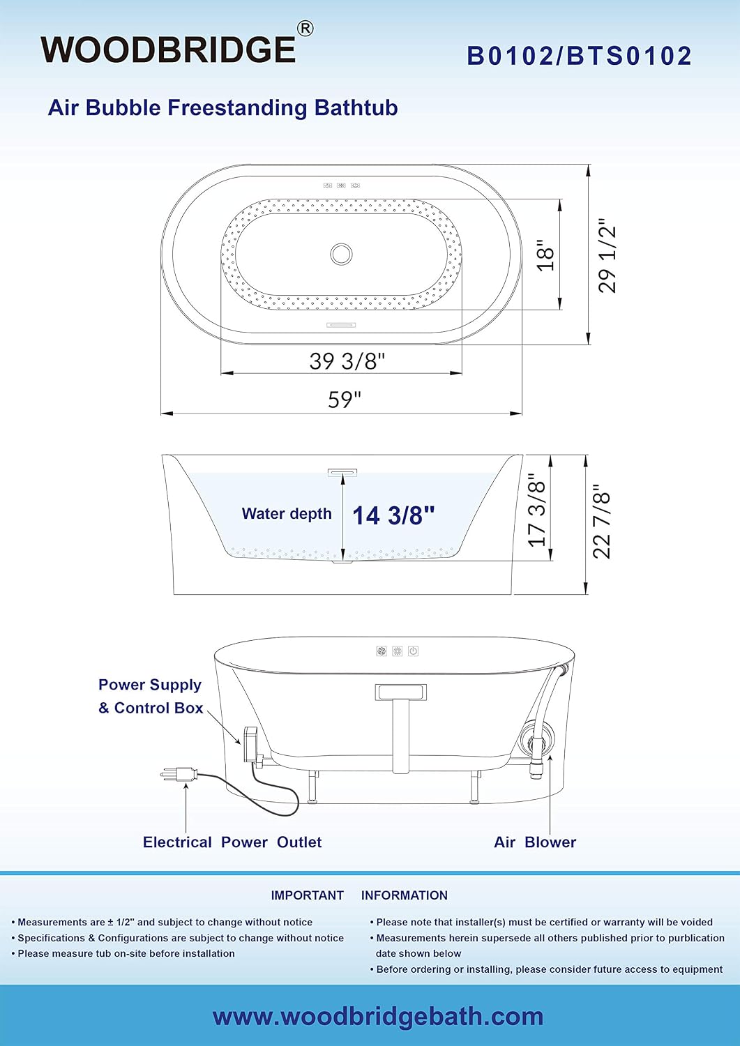 WOODBRIDGE 59' Acrylic Freestanding Bathtub Contemporary Soaking White Tub with Brushed Gold Overflow and Drain，B0102 -BG-Drain &O