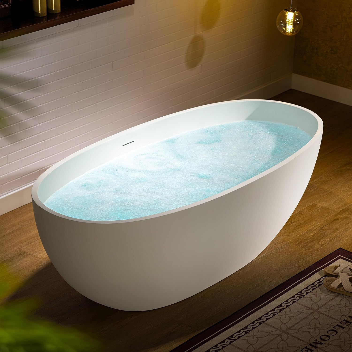 WOODBRIDGE 67' Stone Resin Freestanding Soaking Tub, Modern Oval Solid Surface Bathtub with Integrated Slotted Overflow & Drain, Matte White