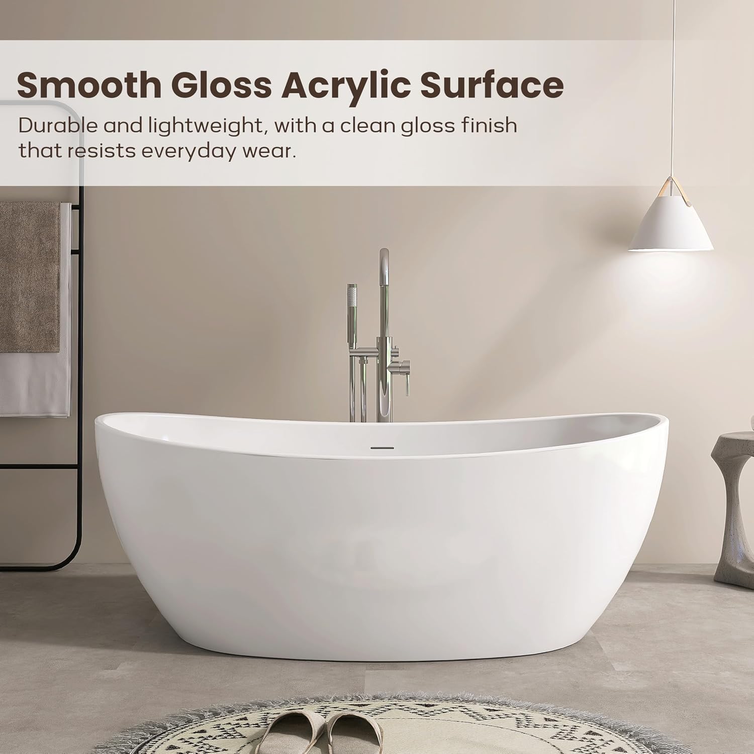 SJ STAR&JANE 60' Freestanding Bathtub, Acrylic Soaking Bathtub, Modern Acrylic Stand Alone Tub in white Intergrated Drain and Overflow,cUPC Certified