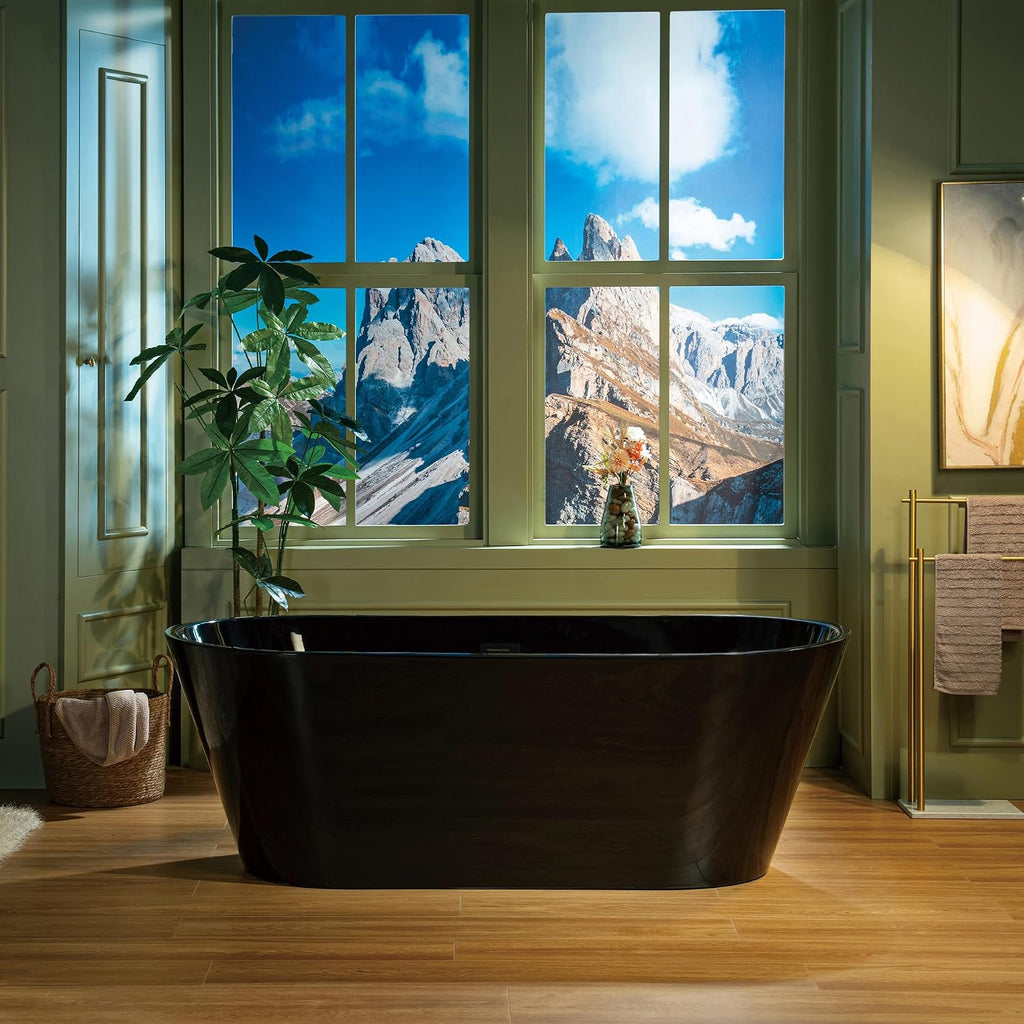 WOODBRIDGE 67' L x 31-1/2' W Freestanding Contemporary Acrylic Soaking Bathtub in Glossy Black Inside and Outside with Matte Black Drain & Overflow, Black, B8813-MB