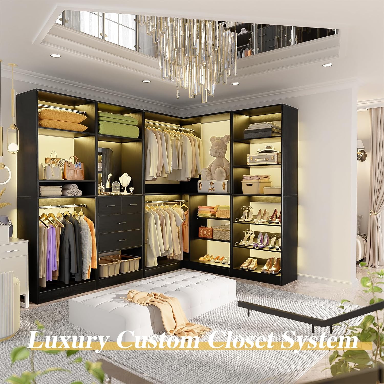 Unikito 110' Closet System with Drawers, Corner Closet Organizer with 4 Hanging Rods and Mirror Design, 9.3FT Reversible Large Wood L Shaped Walk in Closets Wardrobe with Shoe Shelves, Set of 4, Black