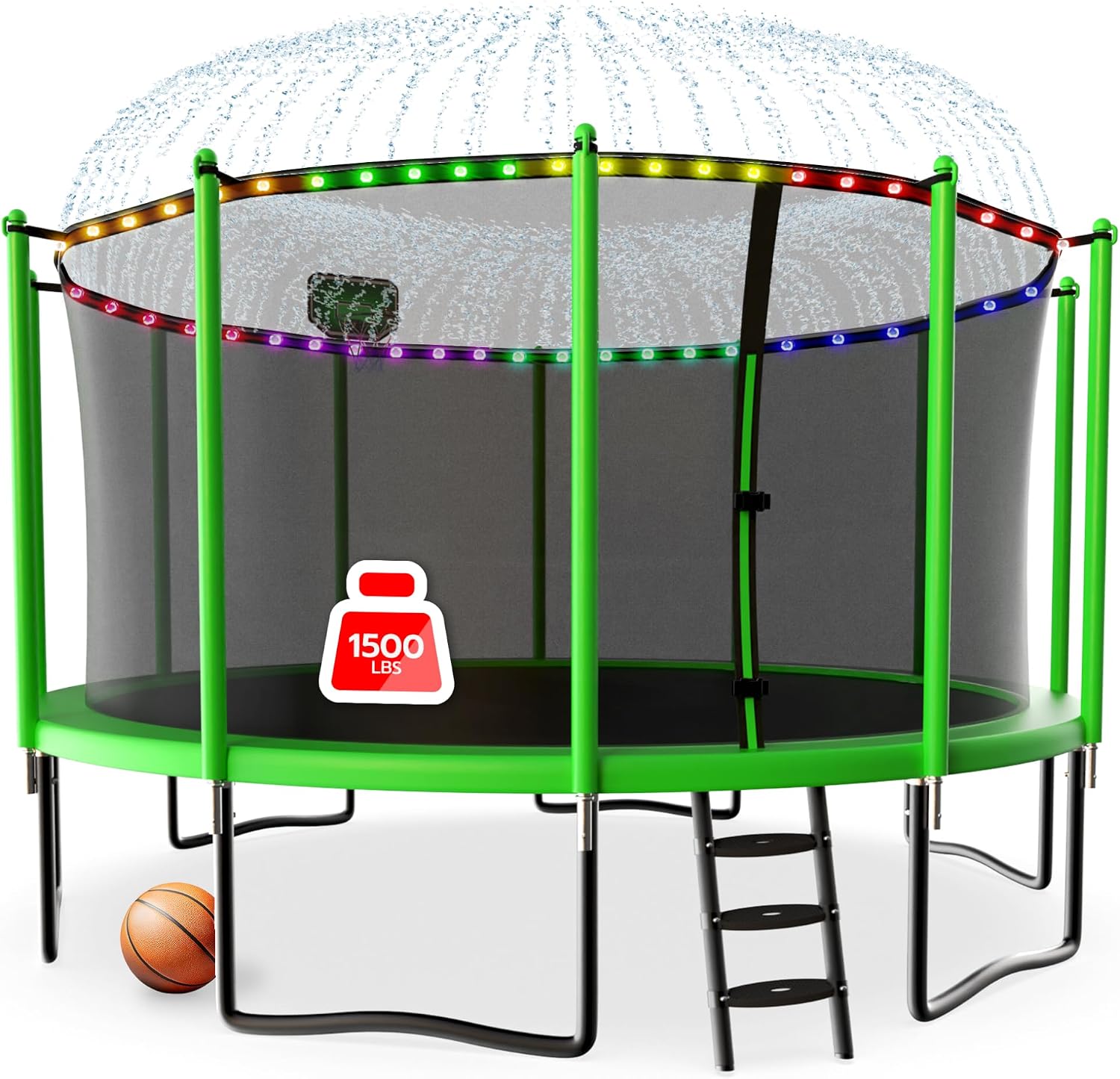 LHX 8 10 12 14 15 16FT Tranpoline Outdoor 1500LBS with Basketball Hoop, Light and Sprinkler, Large Heavy Duty Round Recreational Tranpoline for Kids and Adults for Family Backyard Fun, ASTM Approved