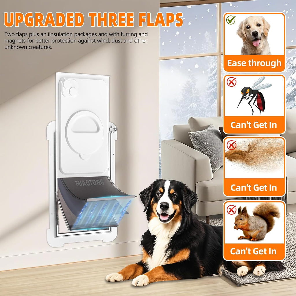 MIAOTONG 3-Flap Dog Door for Wall, Energy-Efficient Insulated Pet Door for Wall, Aluminum Lock Doggy Doors,Steel Frame and Telescoping Tunnel Dog Doors(Pets Up to 100 Lb) -Large