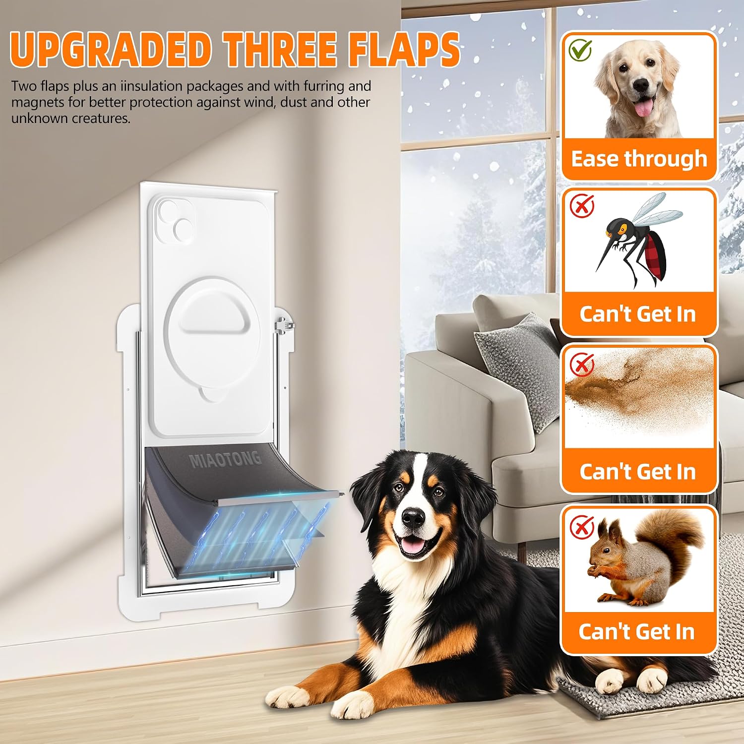MIAOTONG 3-Flap Dog Door for Wall, Energy-Efficient Insulated Pet Door for Wall, Aluminum Lock Doggy Doors,Steel Frame and Telescoping Tunnel Dog Doors(Pets Up to 100 Lb) -Large