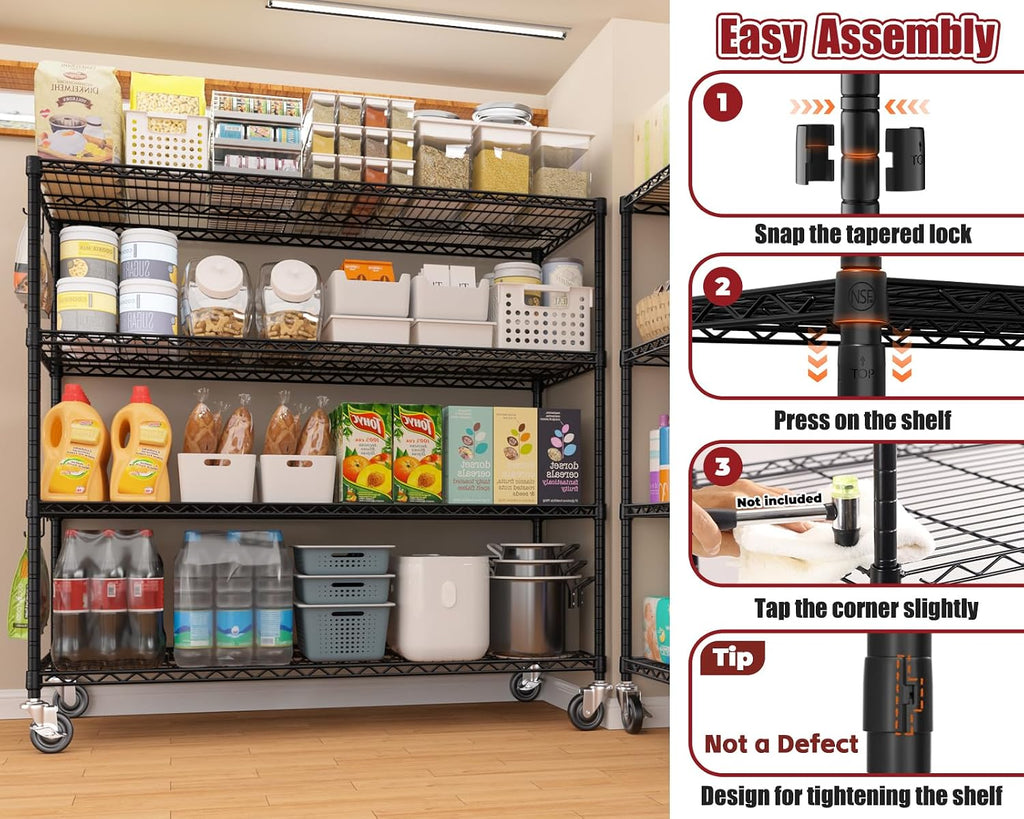 PrimeZone 55.5' W x 24' D x 80' H Heavy Duty Wire Storage Shelves with Wheels, 4 Tier Adjustable NSF Commercial Garage Shelving Unit, Rolling Metal Organizer Shelf Rack for Warehouse, Pantry, Black