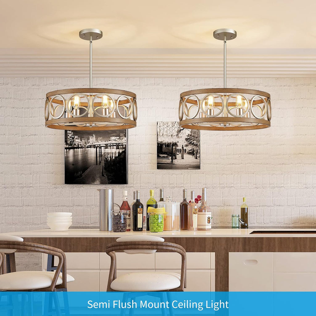 XINGQI Rustic Chandelier Brushed Nickel, Drum Chandeliers for Dining Room Modern Light Fixture Over Table Farmhouse Metal Wood Grain Pendant 5 Lights