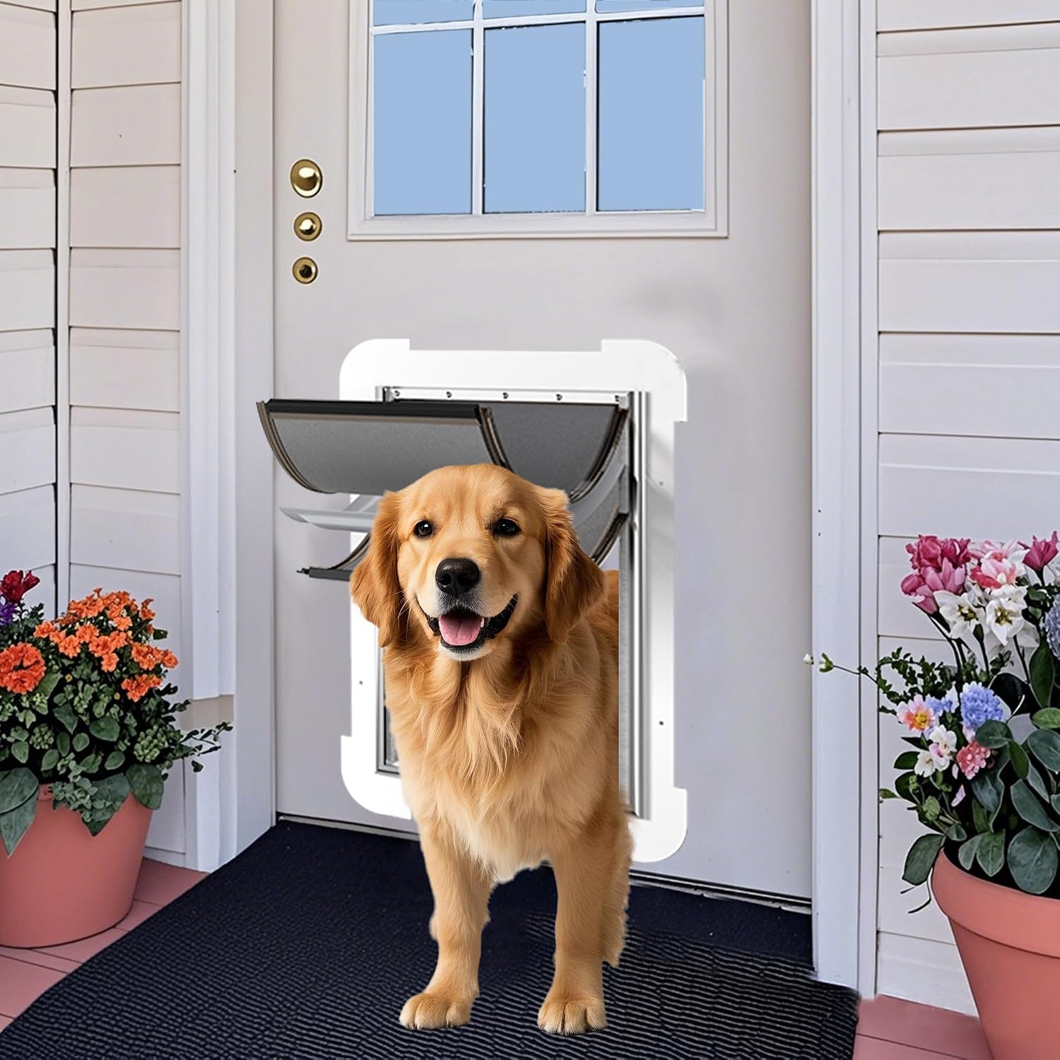 3-Flap Steel Large Dog Door for Exterior Doors with Sliding Lock Panel, Energy-Efficient Insulated Pet Door, Extreme Weather Doggy Door with Telescoping Tunnel, Never Rust（Pets Up to 100 Lb）