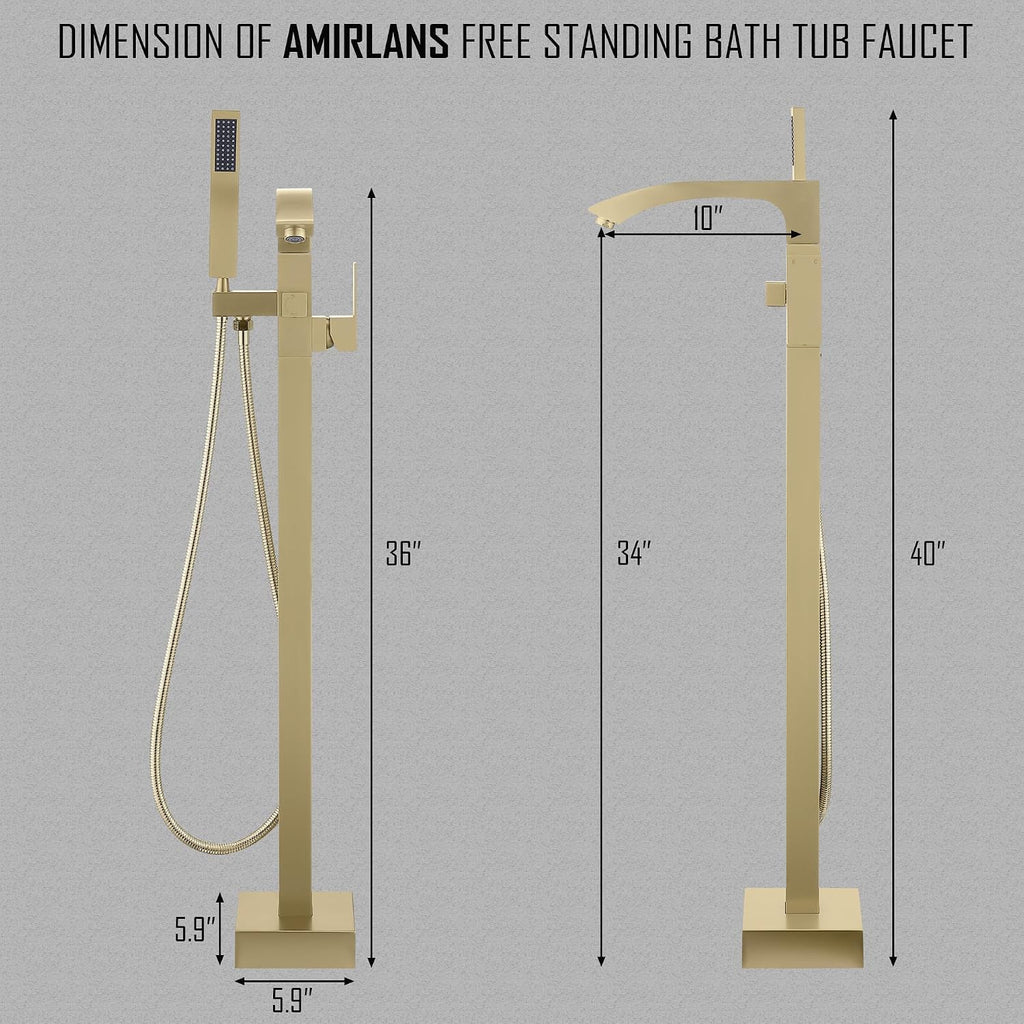 Floor Mount Bathtub Faucet, Freestanding Tub Faucet Brushed Gold, Stainless Steel Free Standing Tub Filler with Handheld Shower.