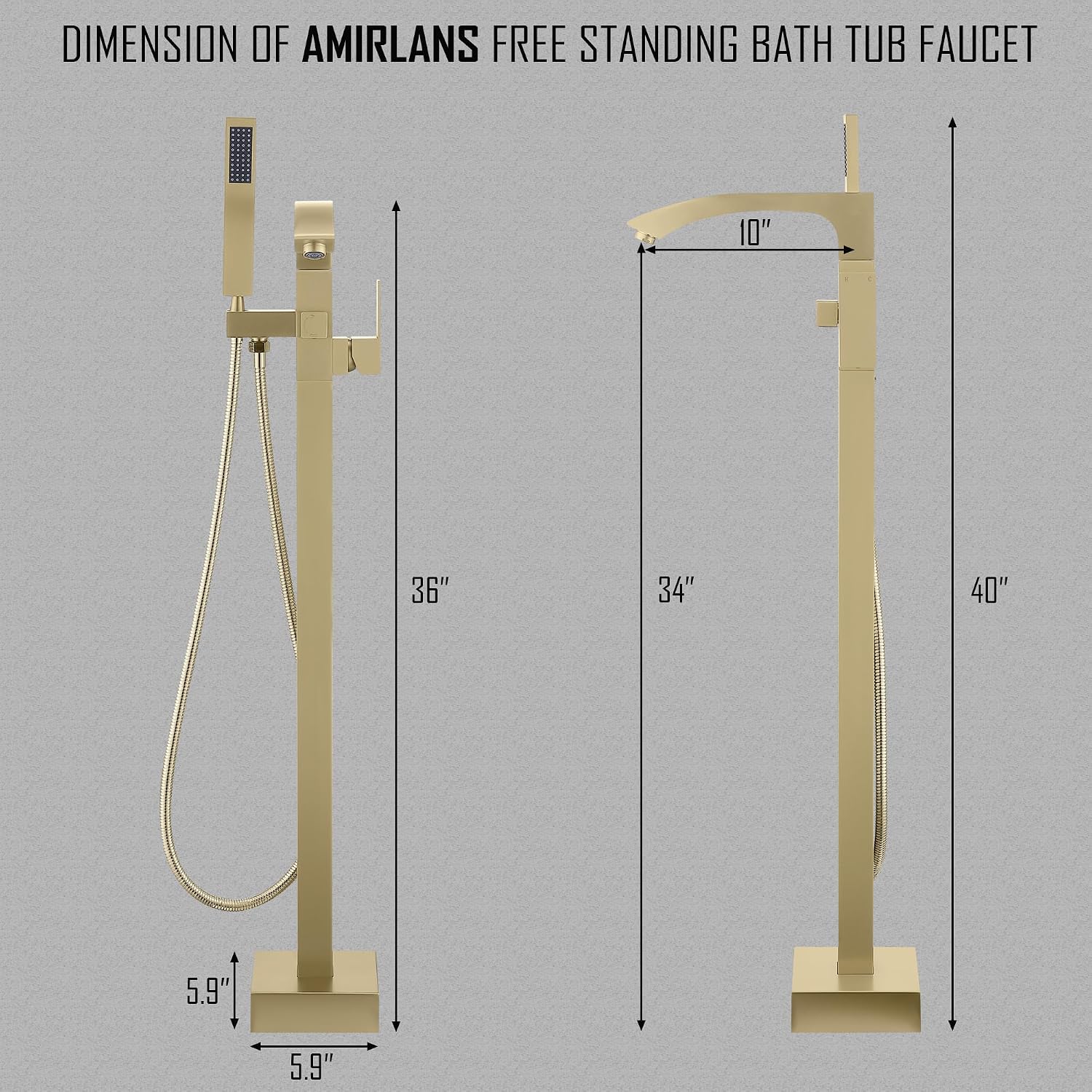 Floor Mount Bathtub Faucet, Freestanding Tub Faucet Brushed Gold, Stainless Steel Free Standing Tub Filler with Handheld Shower.