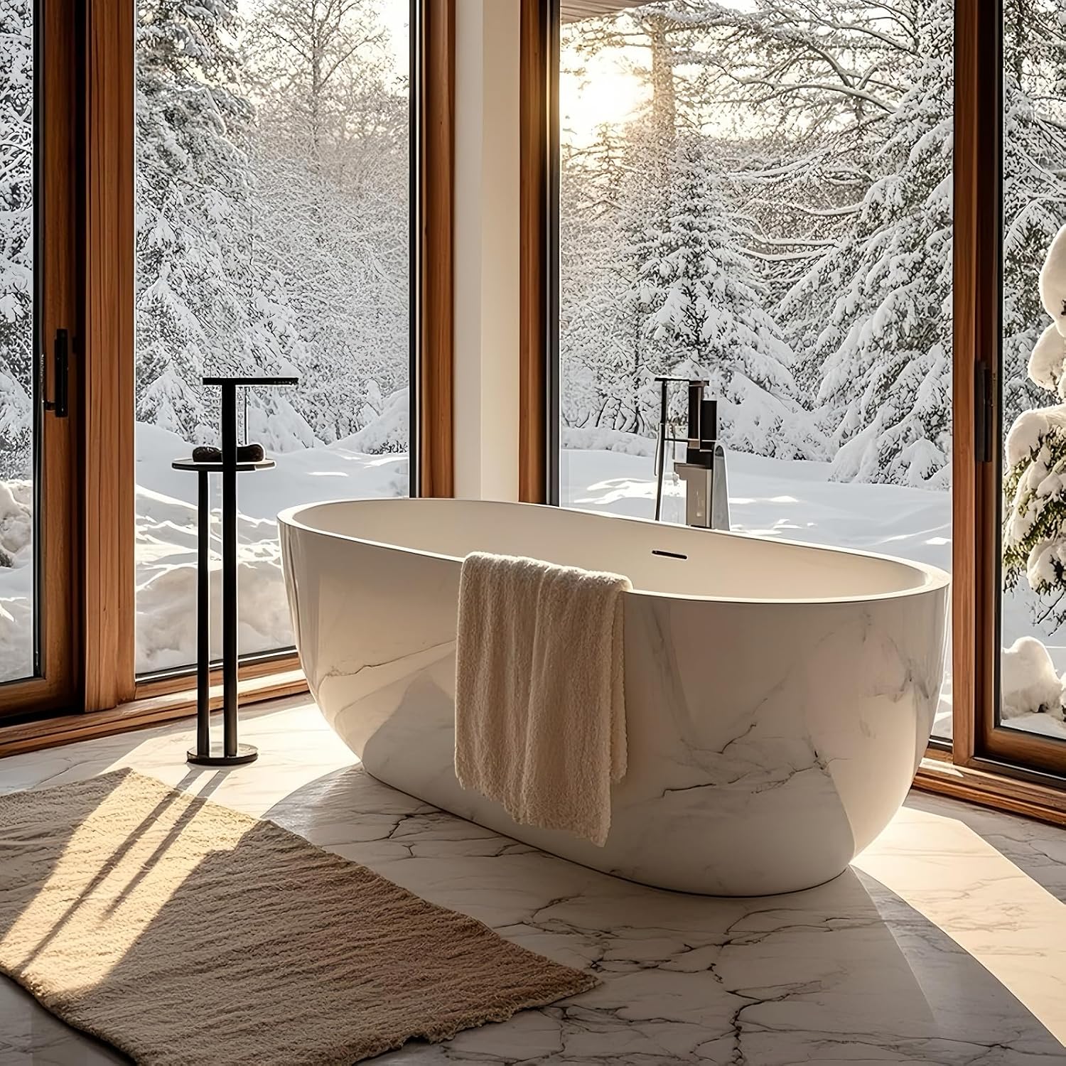 52' Edeyeu Freestanding Bathtub - Solid Surface, Extra Deep Soaking Tub, Luxurious Free Standing Bathtub for Home, Spa, Hotel, Durable Acrylic Soaker Tub with Modern Design, White