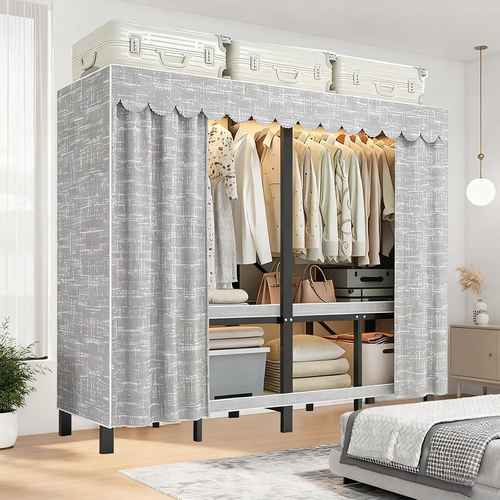49.2in Foldable Heavy Duty Rolling Covered Metal Garment Rack on Lockable Wheels Large Capacity 360°Enclosed Portable Wardrobe Closet for Bedroom Hanging Clothes (D,Gray Cover, 125cm/49.2in)