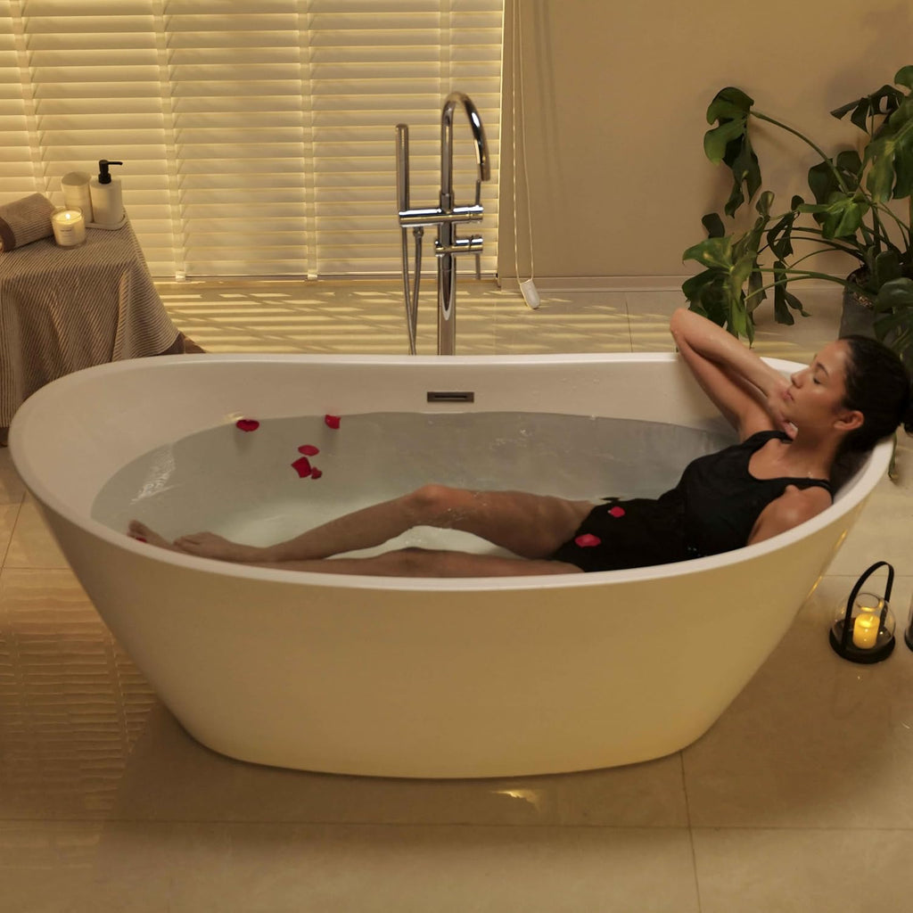 67' Luxury Freestanding Bathtub - Deep Soak Acrylic Tub for Master Bathroom, Modern Standalone Shower Tub with Overflow Drain, Non-Slip Flat Bottom Design, Spa Experience at Home,cUPC Certified