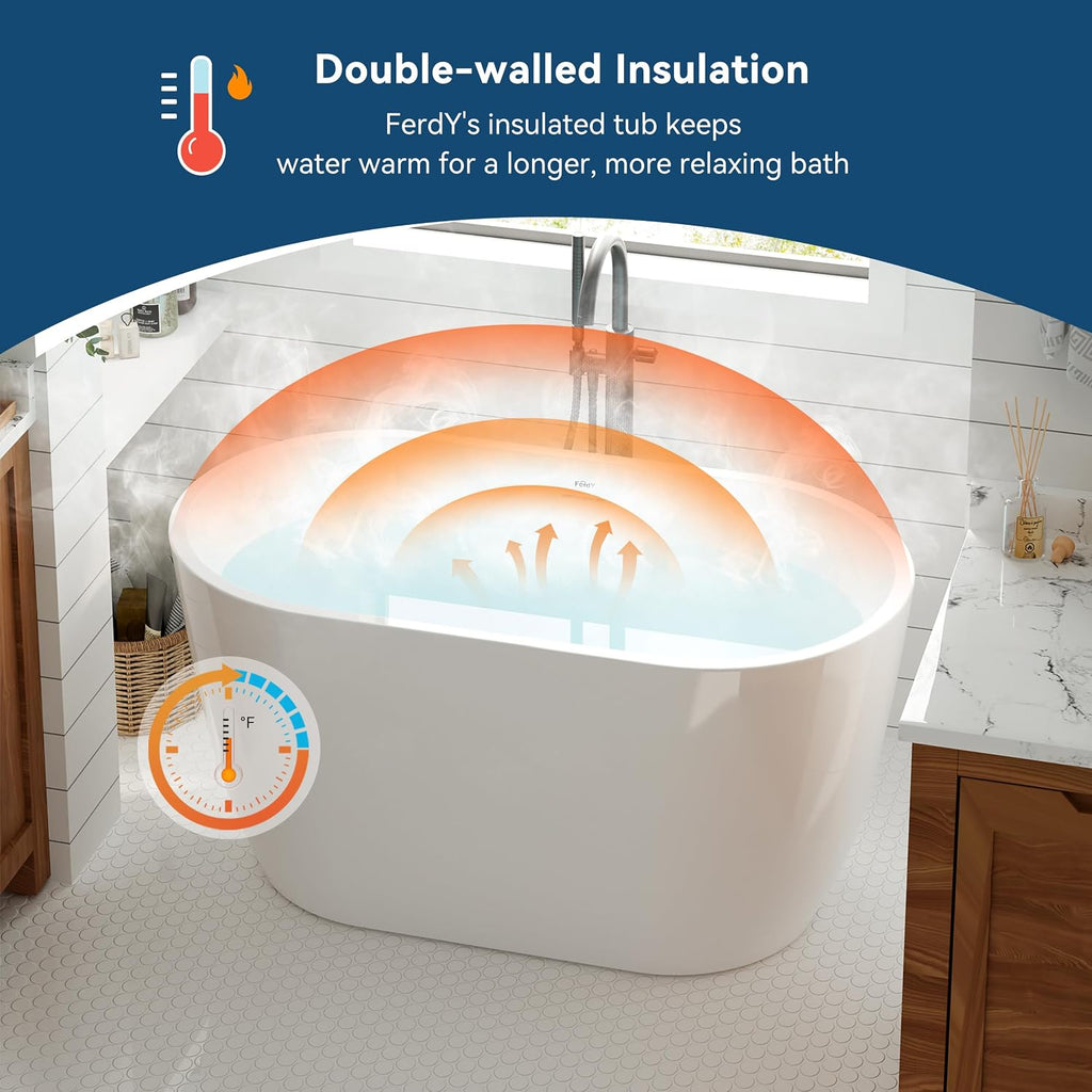FerdY 47' Acrylic Freestanding Bathtub, Contemporary Soaking tub with Chrome Drain & Overflow, Elegant Oval Shape, cUPC Certified, Bali