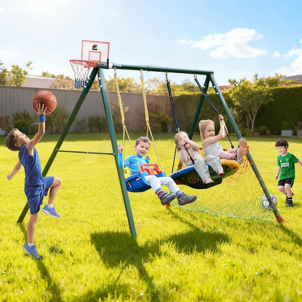 CYFIE Swing Sets for Backyard, 7-in-1 Kids Swing Set and Saucer Swing, Outdoor 440lbs Heavy Duty Metal Frame Stand, Basketball Hoop and Soccer Goal, Toddler Playset for Backyard, Playground