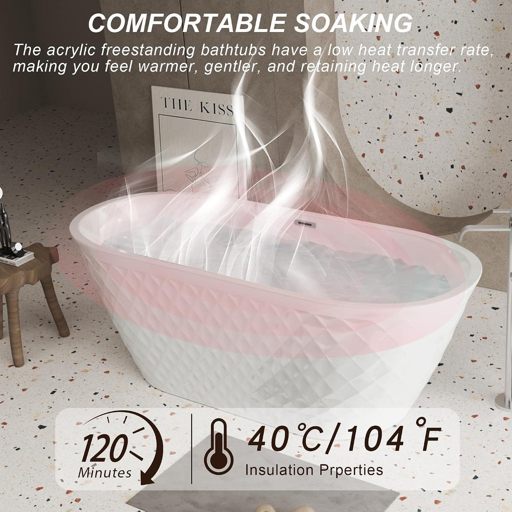 KEIKI 59' Acrylic Freestanding Bathtub with Diamond Pattern, Oval Soaking Tub for Bathroom, Luxury Modern Design, Durable & Easy Installation, Glossy White