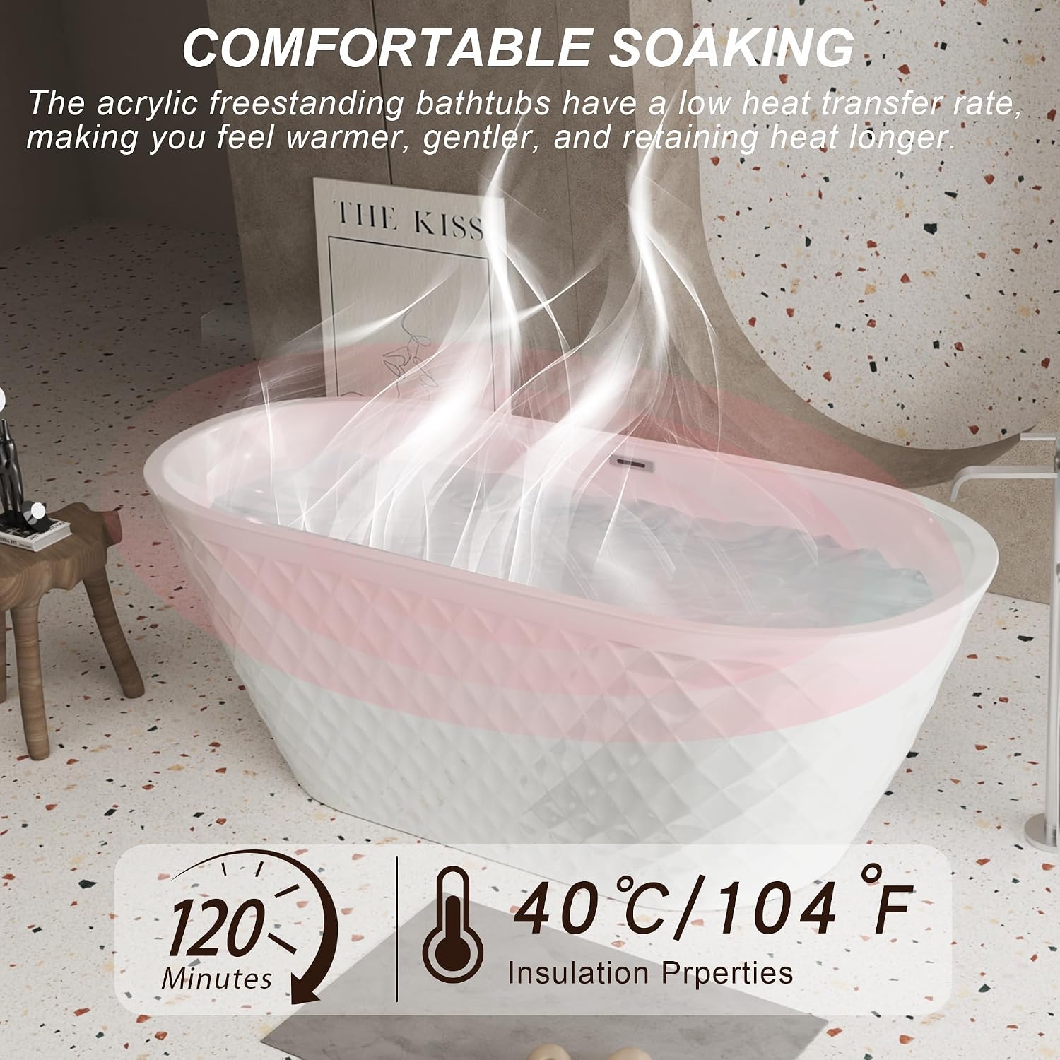 59' Acrylic Freestanding Bathtub, Diamond Pattern Soaking Tub with Chrome Overflow and Pop-Up Drain, Oval Gloss White Finish, CUPC Certified
