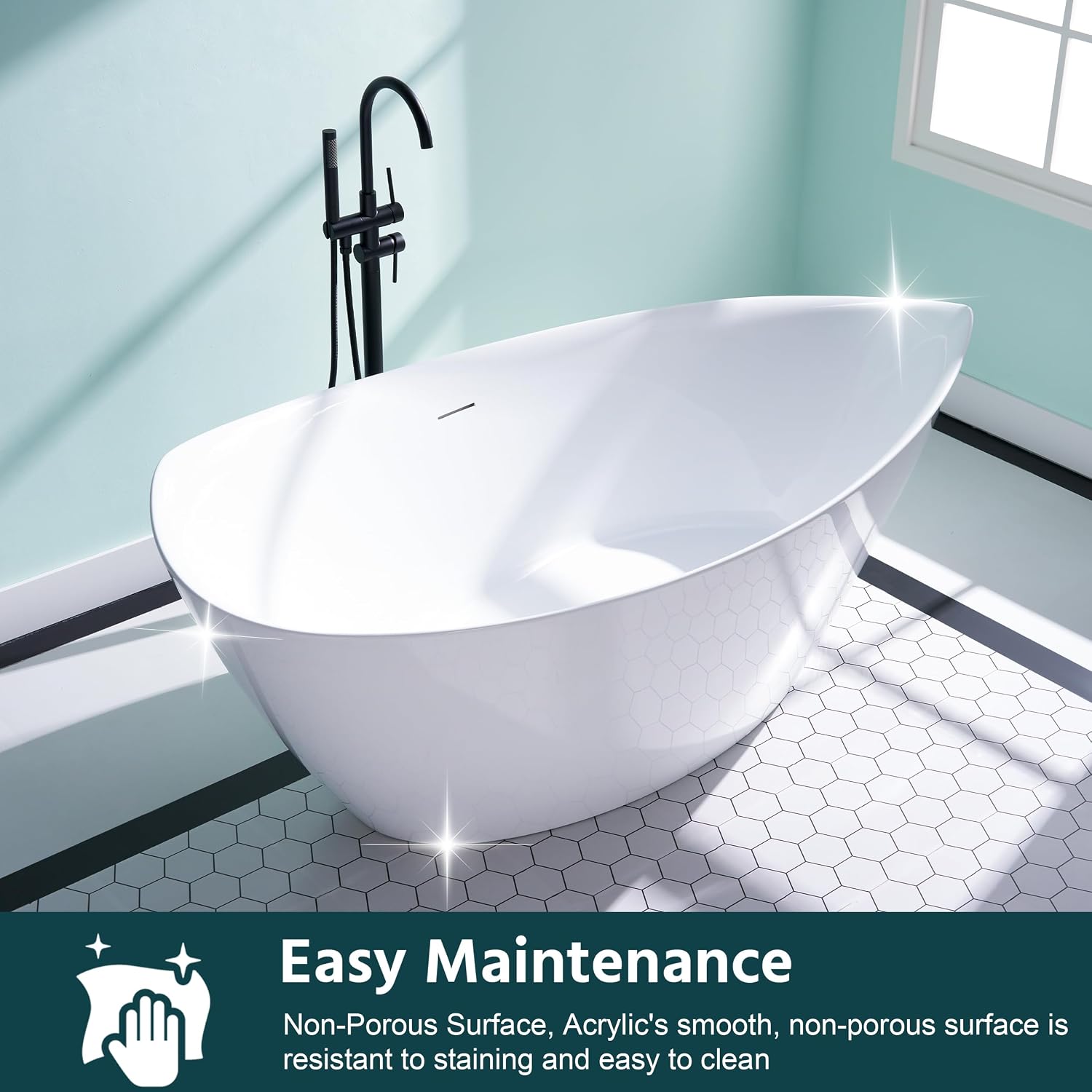 WELLFOR 70'Freestanding Acrylic Bathtub with Drain and Integrated Slotted Overflow, 65 Gallons Capacity, Soaking Bath Tub Oval Shape, Glossy White Soaking Bath Tub with Predrilled Overflow Holes