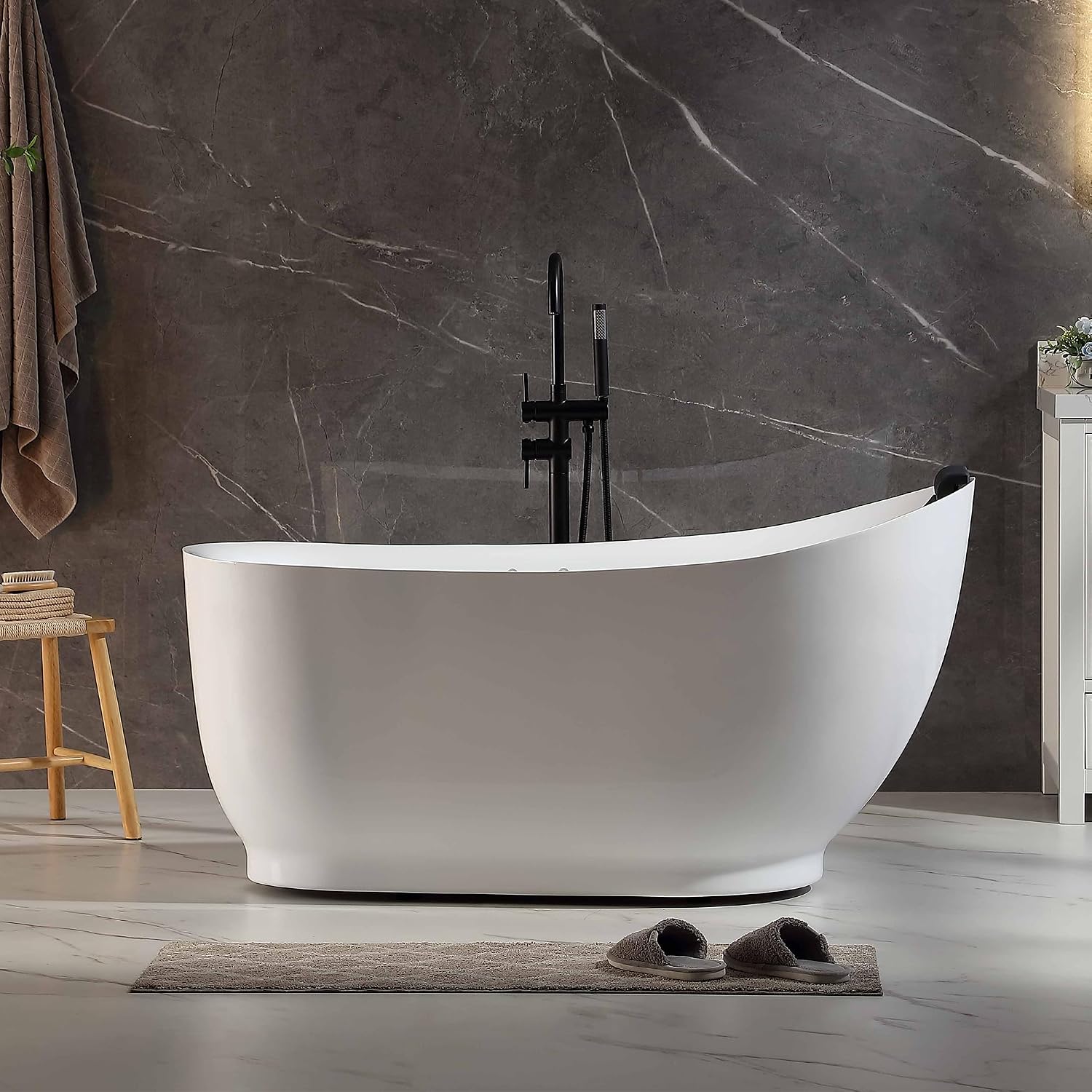Empava Upgrade Acrylic Whirlpool Bathtub, 59 Inch Acrylic Freestanding Jetted Tub, Hydromassage Gracefully Oval Shaped with 16 Hydromassage Jets with Lumbar and Neck Support, Black Pillow