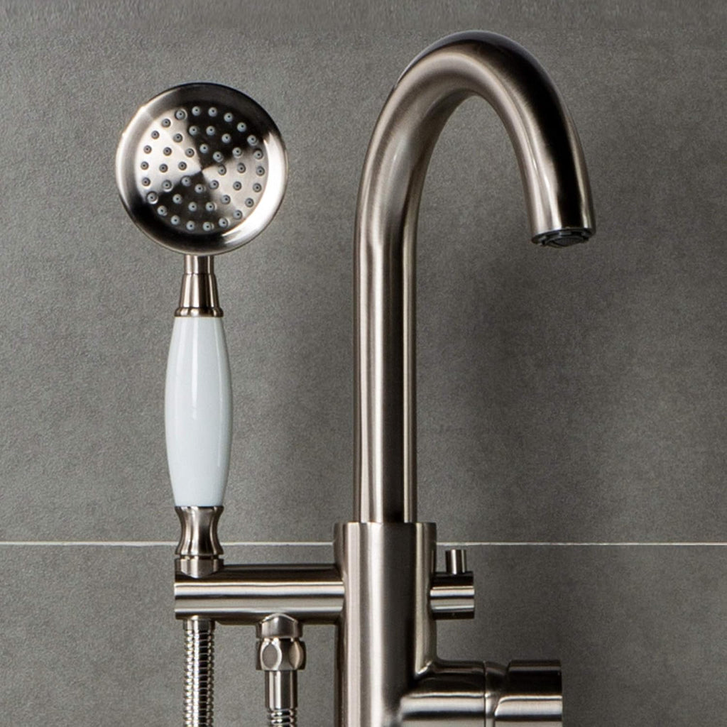 WOODBRIDGE F0001BNVT Fusion Single Handle Floor Mount Freestanding Tub Filler Faucet with Telephone Hand shower in Brushed Nickel Finish