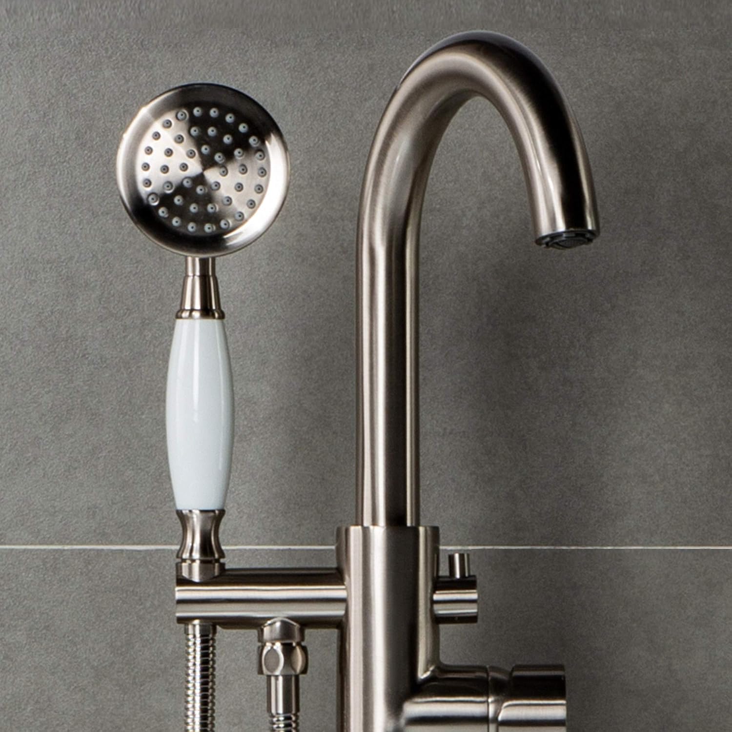 WOODBRIDGE F0001BNVT Fusion Single Handle Floor Mount Freestanding Tub Filler Faucet with Telephone Hand shower in Brushed Nickel Finish
