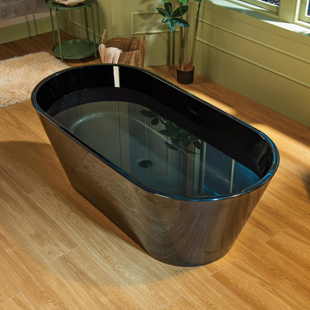WOODBRIDGE 67' L x 31-1/2' W Freestanding Contemporary Acrylic Soaking Bathtub in Glossy Black Inside and Outside with Matte Black Drain & Overflow, Black, B8813-MB