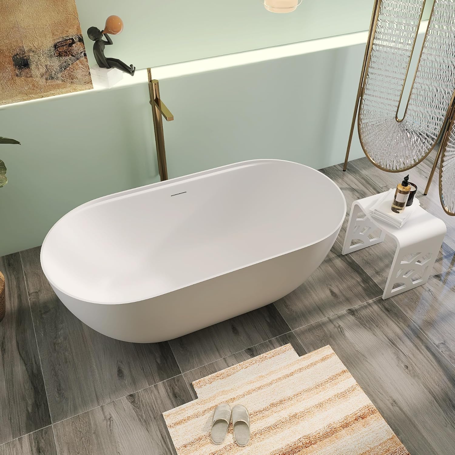 59' Premium Solid Surface Freestanding Bathtub With Black Acrylic Shelf, Modern Soaking Deep Stone Resin Tub with Overflow and Pop-up Drain, Matte White