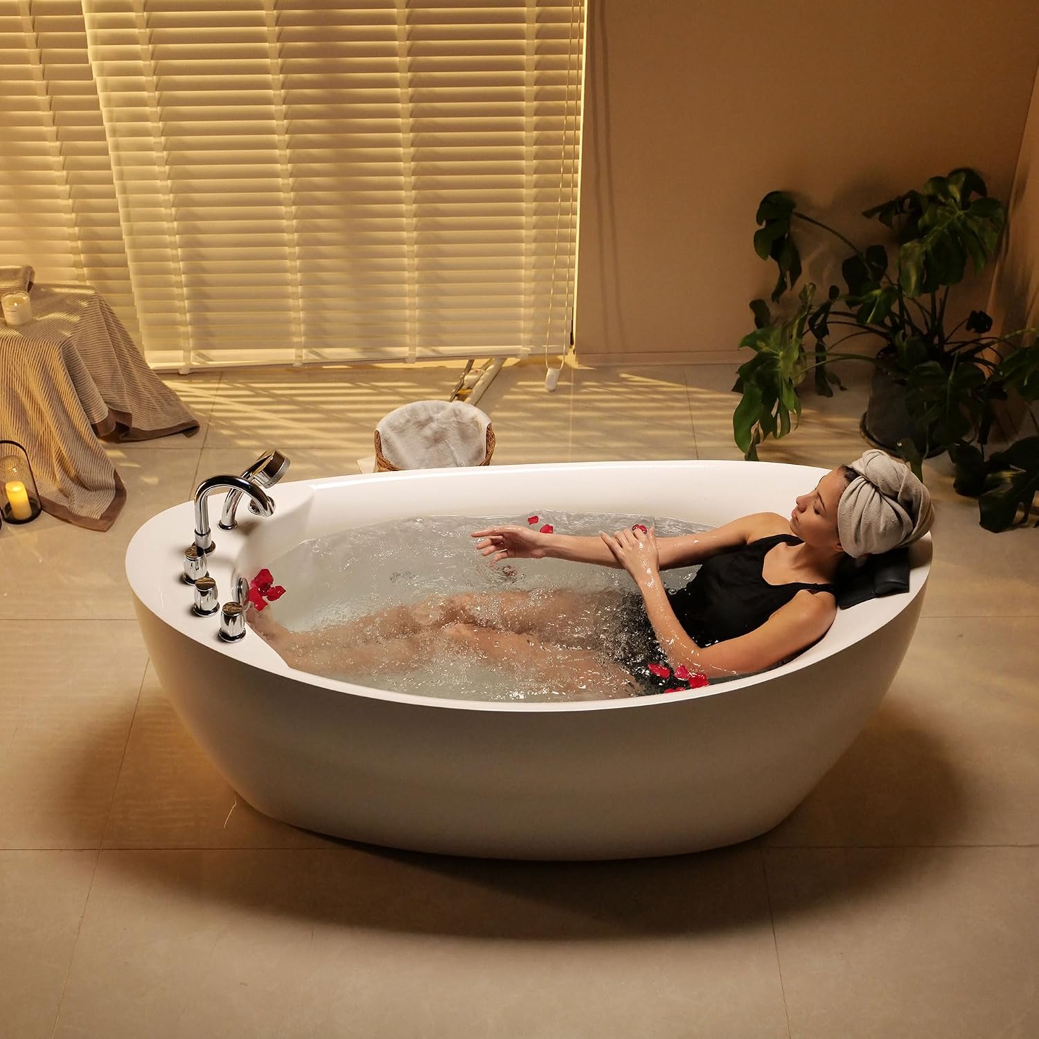 Empava 67' x 31' Freestanding Whirlpool Tub with Left/Right Drain,560W Stand Alone Bathtub with 7 Hydromassage Jets, Elegant Boat-Shaped,Acrylic,ETL Certified