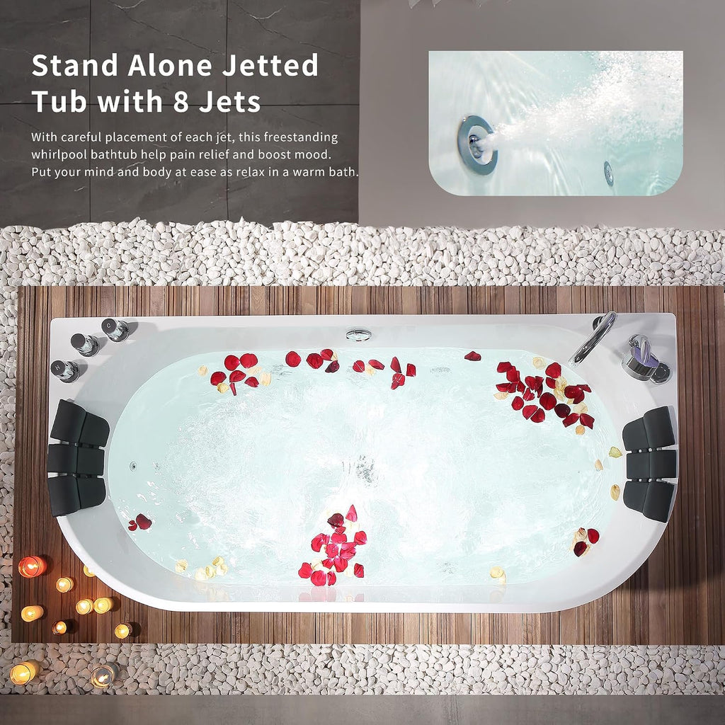 Empava 67 in. Acrylic Freestanding Tub Hydromassage Gracefully Oval Shaped Whirlpool 8 Water Jets Soaking SPA, Double-Ended Massage Bathtub with Two Black Pillow
