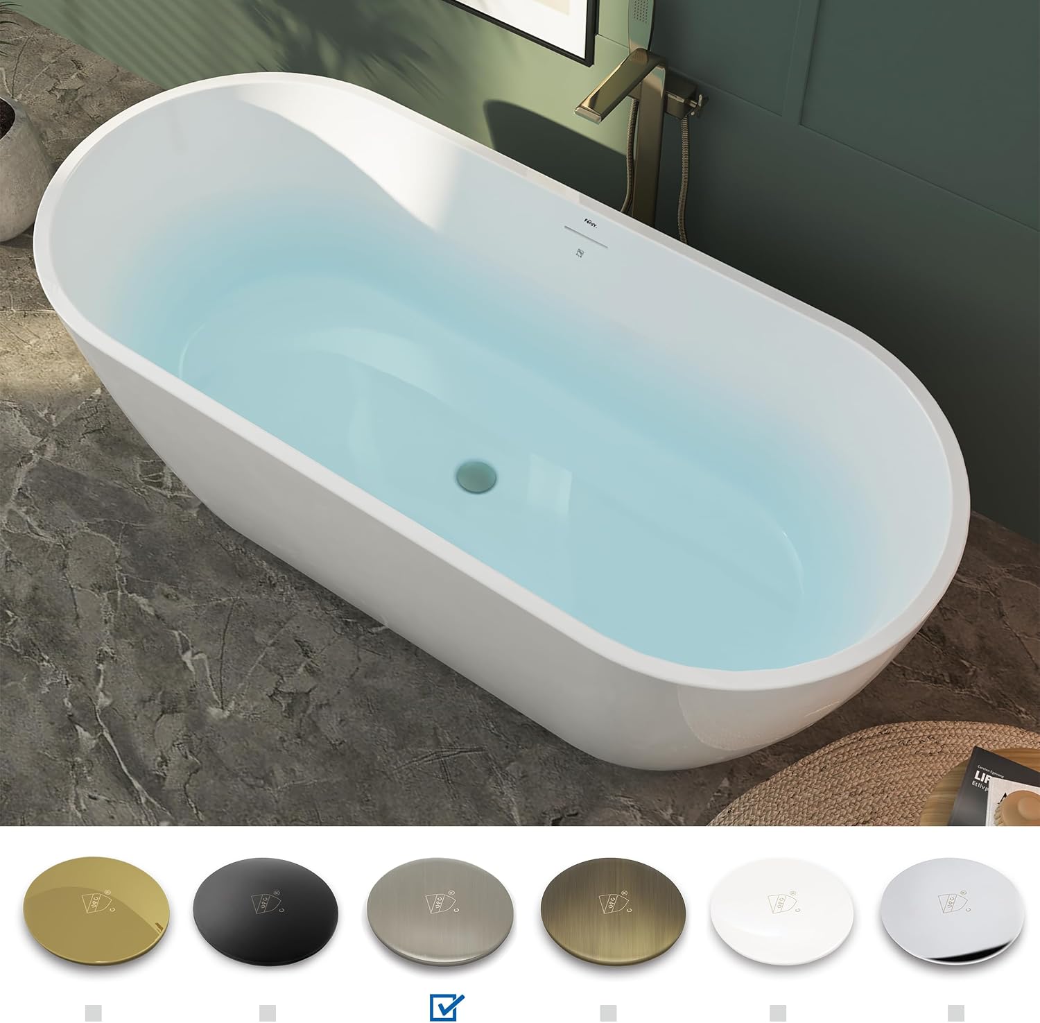 FerdY 67' Bali Elite Acrylic Freestanding Bathtub, Gracefully Shaped Freestanding Bathtub, cUPC Certified, Brushed Nickel Drain& Bath Pillow for Bathtub,Thick Tub Pillows, Breathable 4D Air Mesh