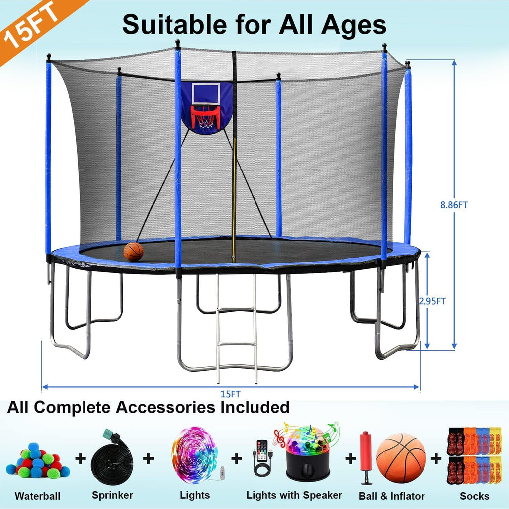 1500LBS 10FT 12FT 14FT 15FT 16FT Trampoline with LED Lights, Sprinkler, Music Speaker and Socks, ASTM Approved Outdoor Trampoline for Kids and Adults, Backyard Trampolines with Net Enclosure