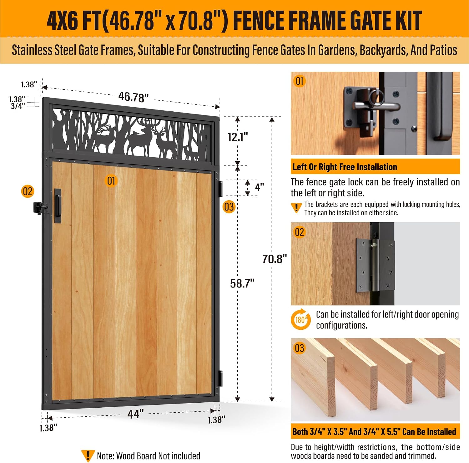 4x6FT Fence Gate Frame Kit 201 Stainless Steel Anti-Sag Heavy Duty Garden Gate Reinforcement Hardware, Left/Right Mount (No Panels Included)(46.78'W x 70.8'H)