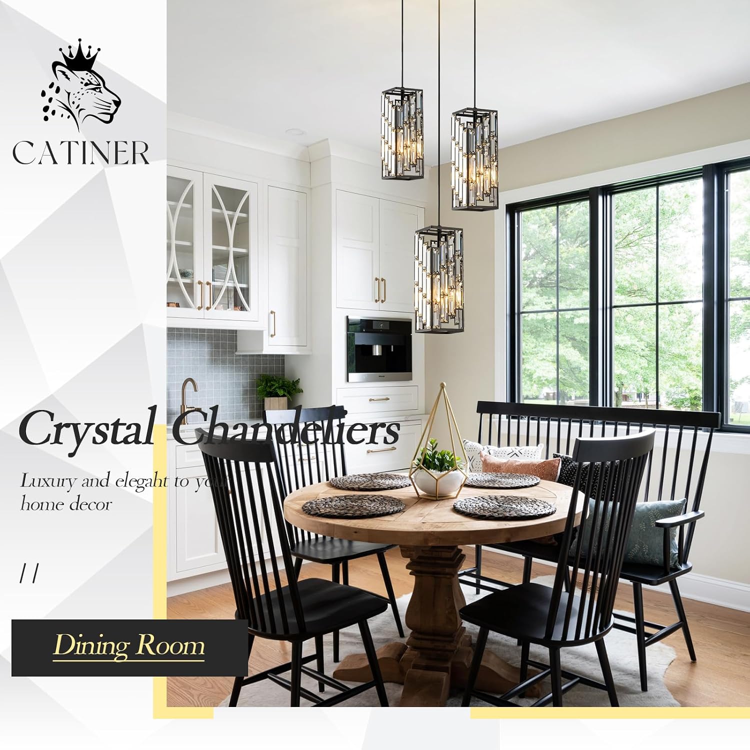 CATINER Black Crystal Pendant Lights 3 Pack, Mini Hanging Pendant Lighting Fixture with Adjustable Cord, Modern Kitchen Island Pendant Lights for Dining Room, Bedroom, Hallway, E26 Base