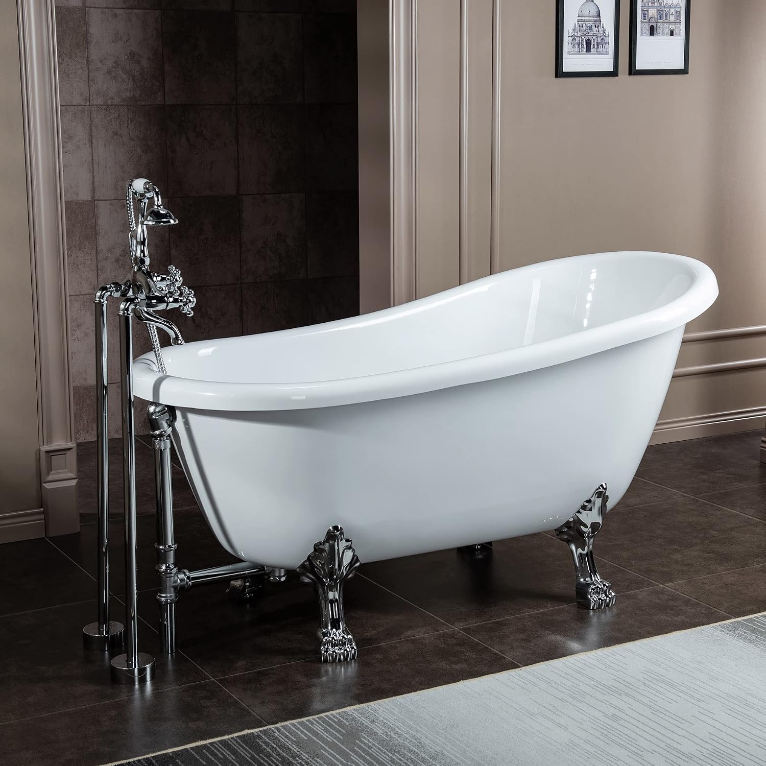 WOODBRIDGE 54' Heavy Duty Acrylic Slipper Clawfoot Bath Tub with Chrome Feet + Drain &Overflow +Chrome-Faucet
