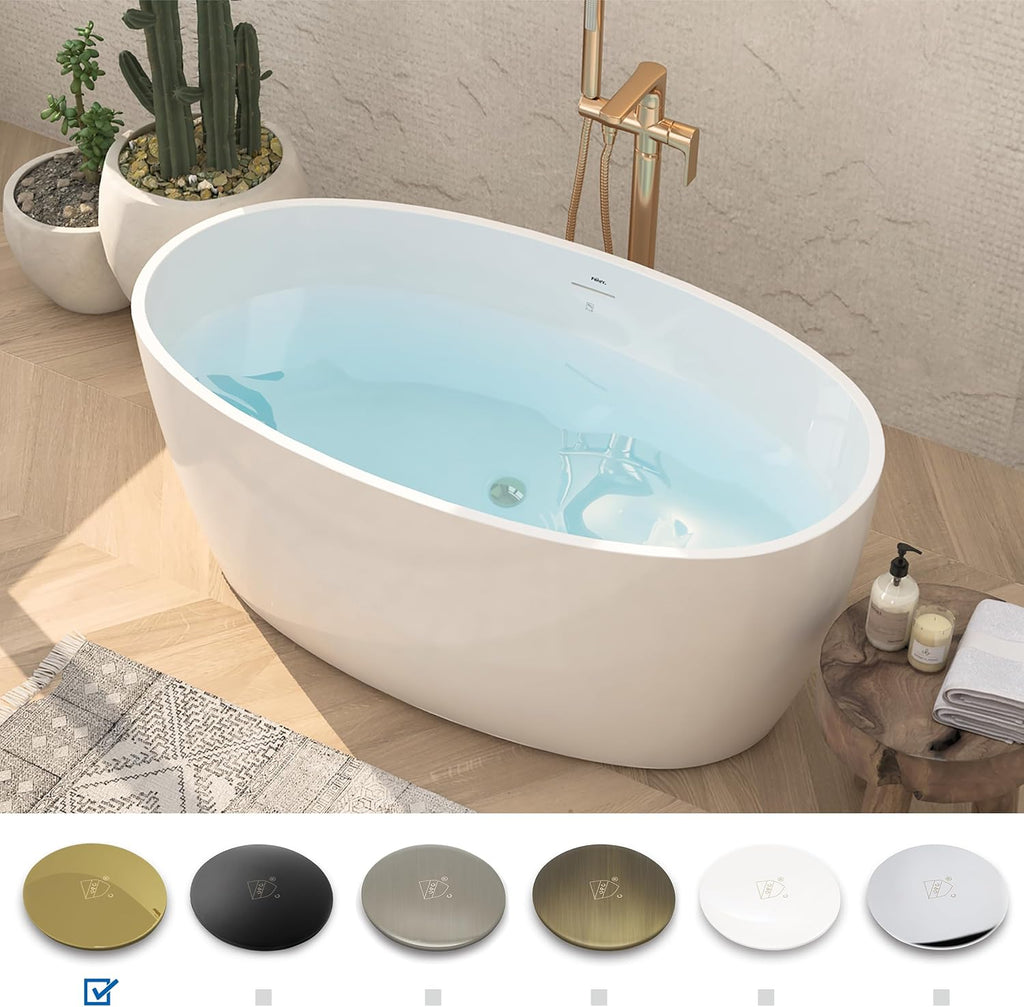 FerdY Tahiti 55' Acrylic Freestanding Bathtub, Elegant Oval Shape Soaking Bathtub, Glossy White, Polished Gold Drain & Bath Pillow for Bathtub,Thick Tub Pillows, Breathable 4D Air Mesh
