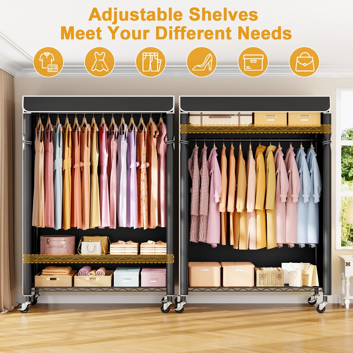 ULIFHOME P6C Plus & P6C Rolling Clothes Rack with Cover, Covered Clothing Rack Heavy Duty, Portable Closet for Hanging Clothes, Garment Rack on Wheels, Black Closet Rack with Black Cover
