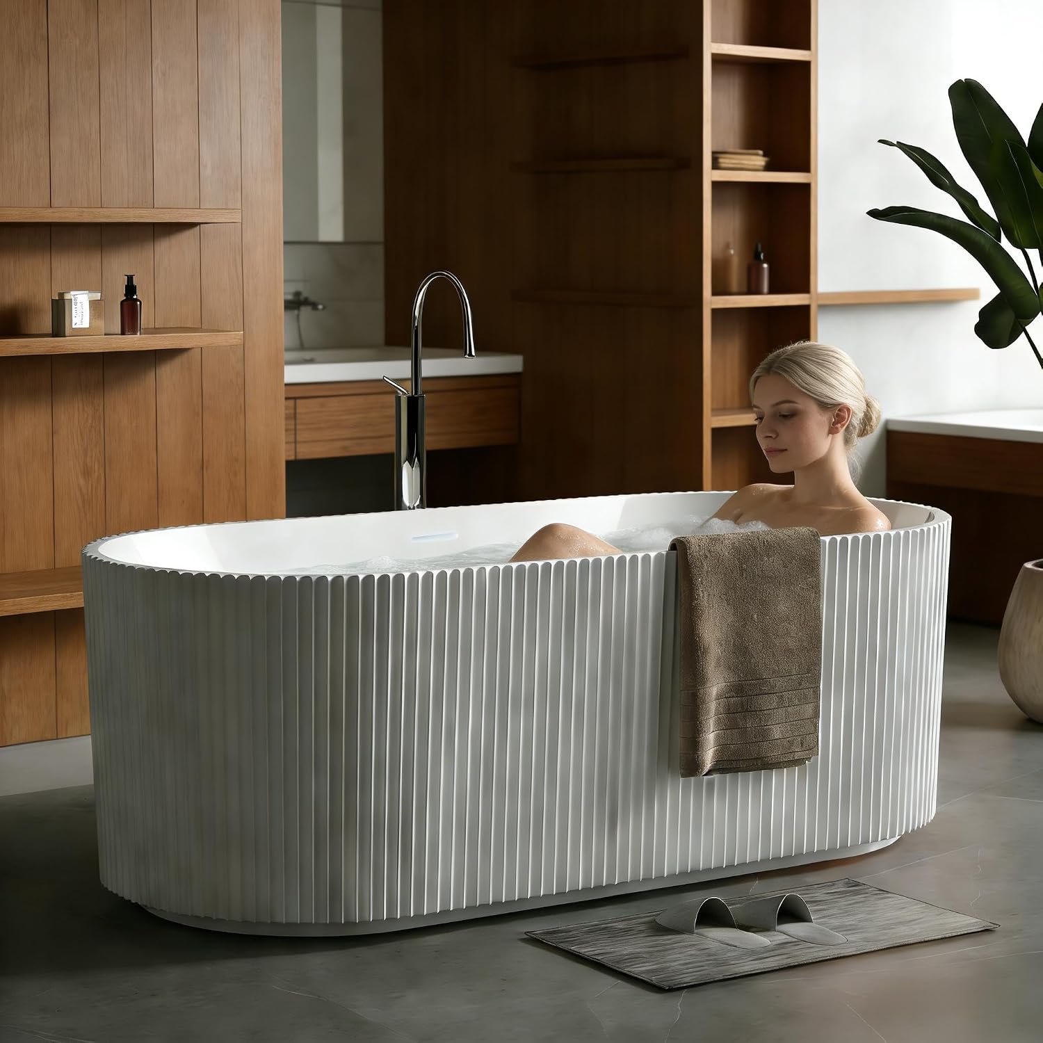 67' Acrylic Freestanding Bathtub, Free Standing Soaking Tub, Free Standing Tub with Overflow and Matte Silver Drain, Modern Bathtub for Bathroom, Hotel, Easy to Install, CUPC Certified, White, Harp