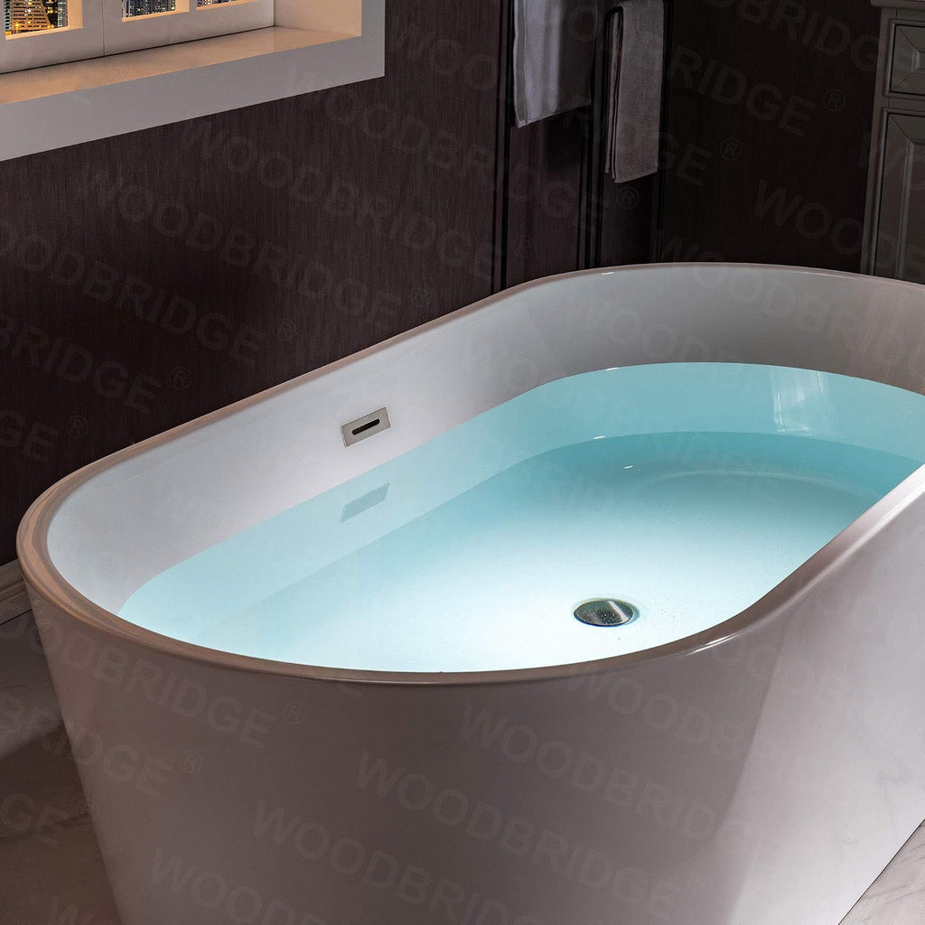 WOODBRIDGE 59' Acrylic Freestanding Bathtub Contemporary Soaking White Tub with Brushed Nickel Overflow and Drain,B0014 -B/N-Drain &O