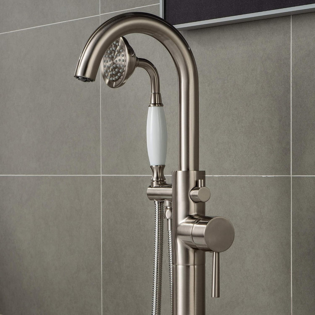 WOODBRIDGE F0001BNVT Fusion Single Handle Floor Mount Freestanding Tub Filler Faucet with Telephone Hand shower in Brushed Nickel Finish