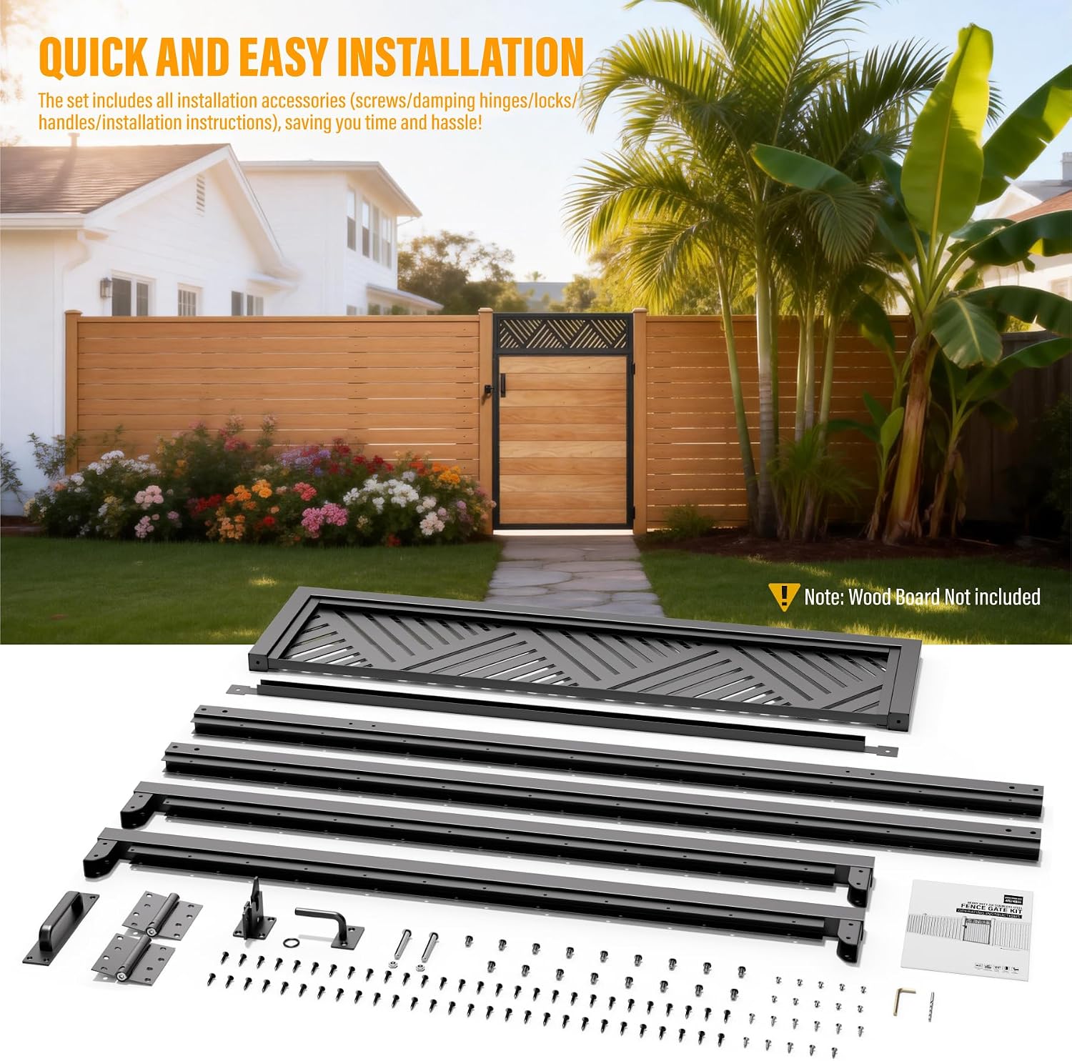 Fence Gate Frame Kit 201 Stainless Steel Anti-Sag Heavy Duty Garden Gate Reinforcement Hardware, Left/Right Mount (No Panels Included)