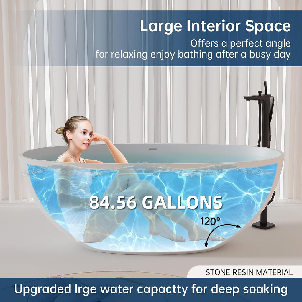 61'' Resin Stone Soaking Bathtub Oval Solid Surface Freestanding Soaking Bathtubs Matte White Soaking Tub with Overflow and Pop up Drain - White