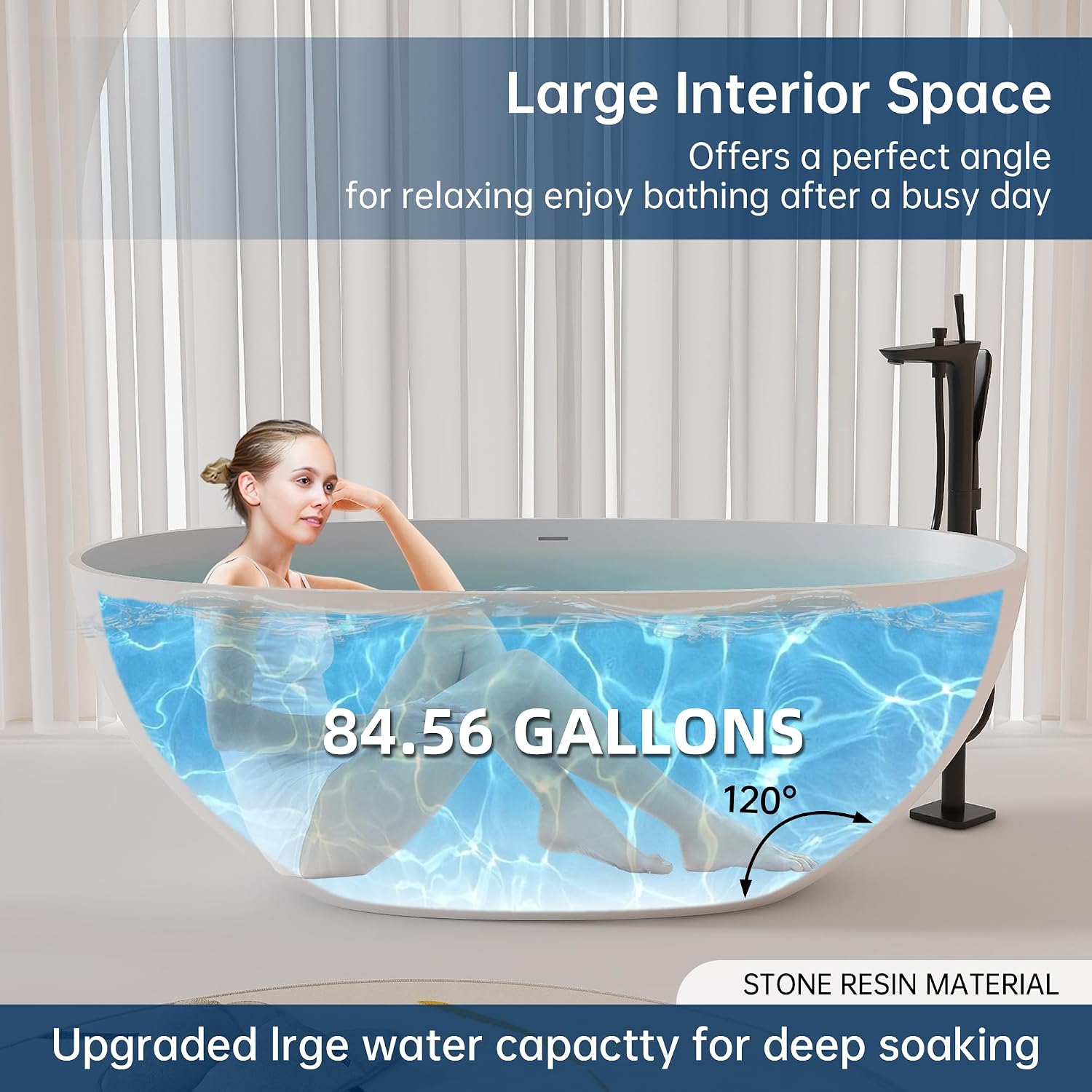 61'' Resin Stone Soaking Bathtub Oval Solid Surface Freestanding Soaking Bathtubs Matte White Soaking Tub with Overflow and Pop up Drain - White