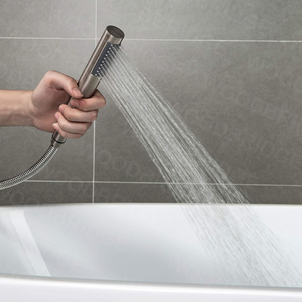 WOODBRIDGE F0023BNRD WOODBRIDGEE High Flow Rate 8 GPM Freestanding Tub Filler Faucet with Hand Shower, Brushed Nickel