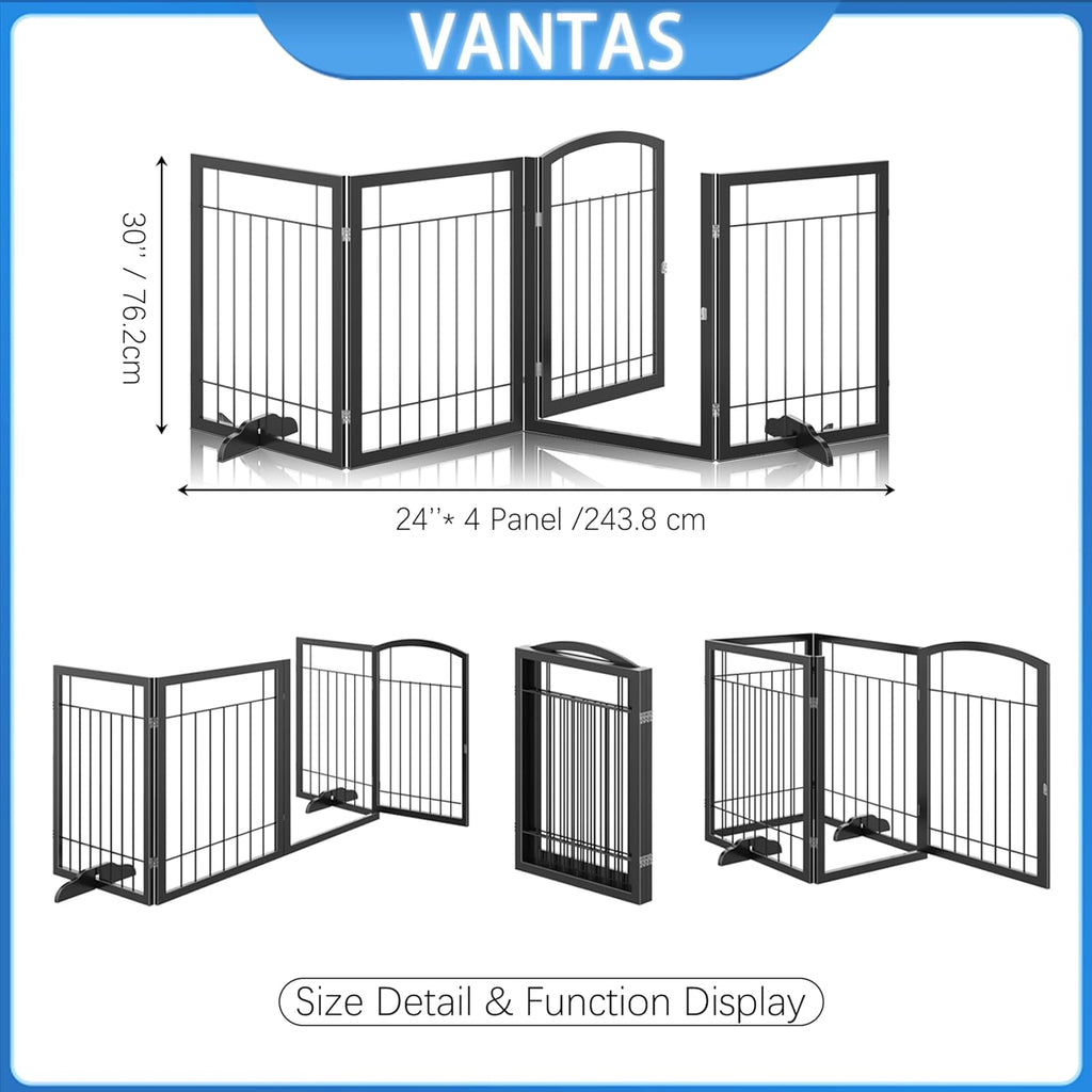 Vantas Folding Pet Gate 96' Wide, 30' Tall No-Assembly Metal Dog Gate with Door Walk Through, Freestanding Wire Pet Puppy Safety Fence, with 2PCS Support - Black