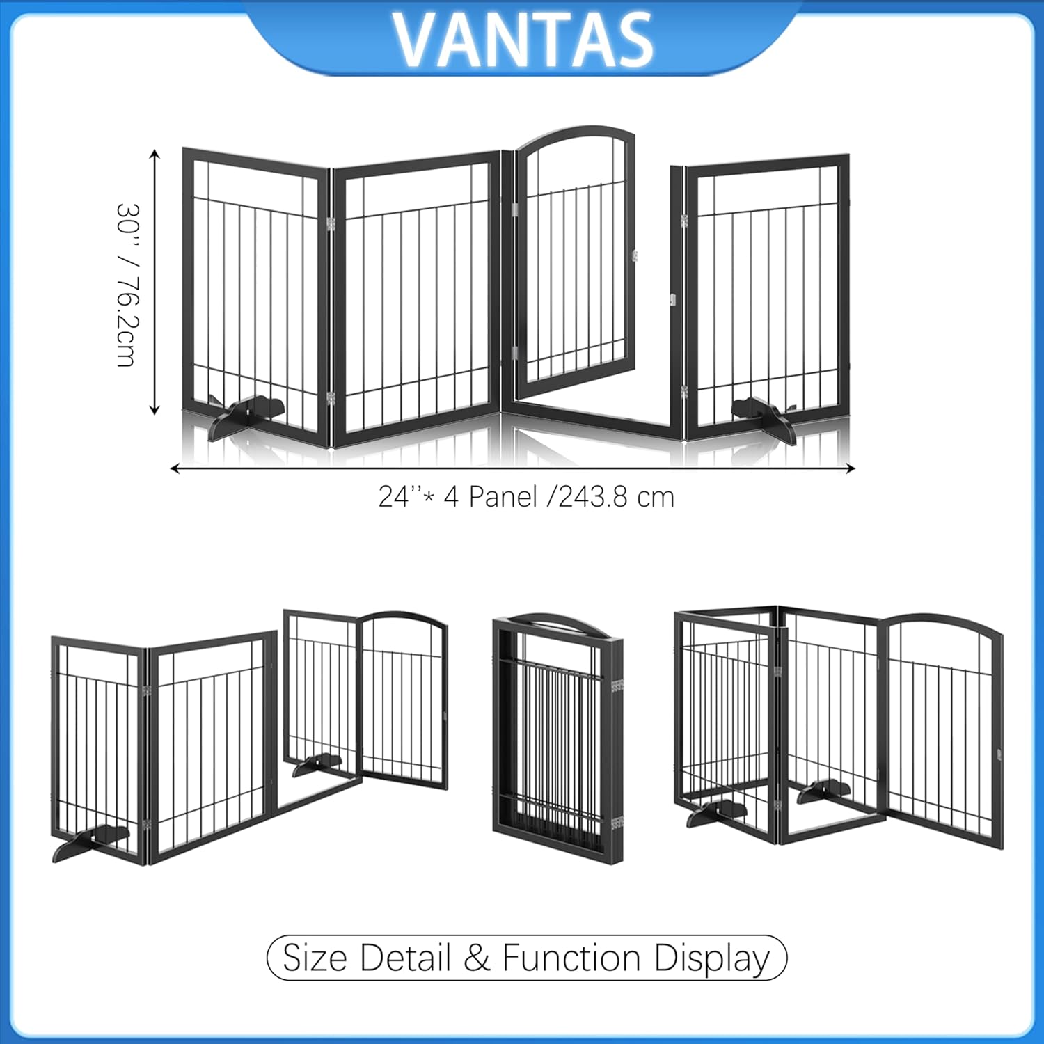 Vantas Folding Pet Gate 96' Wide, 30' Tall No-Assembly Metal Dog Gate with Door Walk Through, Freestanding Wire Pet Puppy Safety Fence, with 2PCS Support - Black
