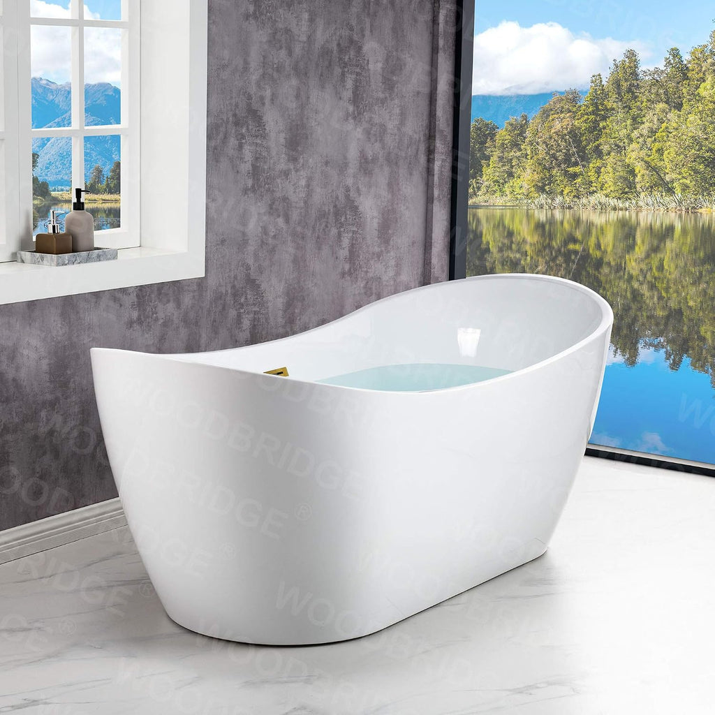 WOODBRIDGE 71' Acrylic Freestanding Bathtub Contemporary Soaking White Tub with Brushed Gold Overflow and Drain,B0017-BG