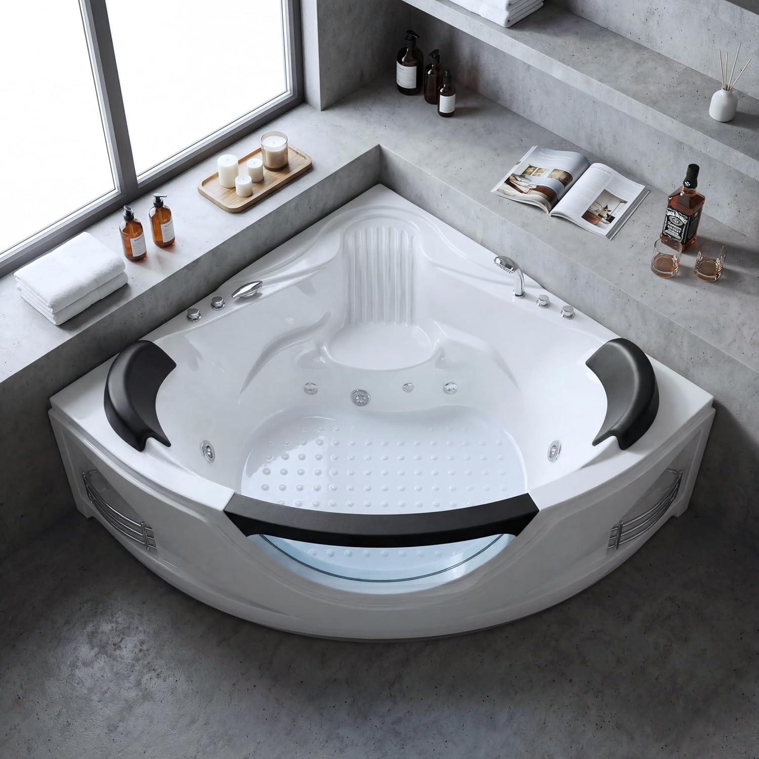 59x59 Inch Corner Bathtub for 2 Person, 6 Jet Whirlpool Tub withChromatherapy LED Lights, Acrylic Soaking Tub with Hydro Massage, Includes Faucet & 2 Bath Pillows