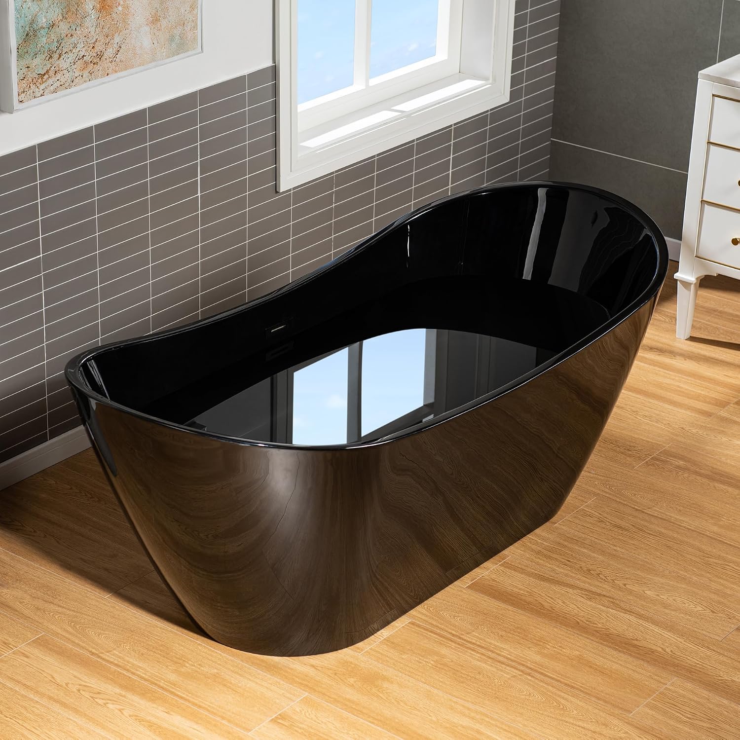 WOODBRIDGE 71' L x 31-1/2' W Freestanding Contemporary Acrylic Soaking Bathtub in Glossy Black Inside and Outside with Matte Black Drain & Overflow, Black, B8817-MB