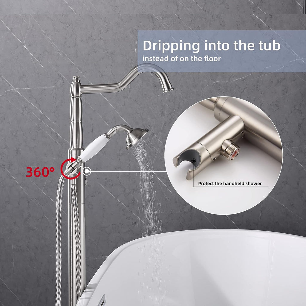 Free Standing Tub Faucet Brushed Nickel, Brass Freestanding Bathtub Faucet, Stylish Tub Filler Stand Alone Clawfoot Tub faucet Tub Fillers Floor Mounted Tub Filler with Rotate Handheld