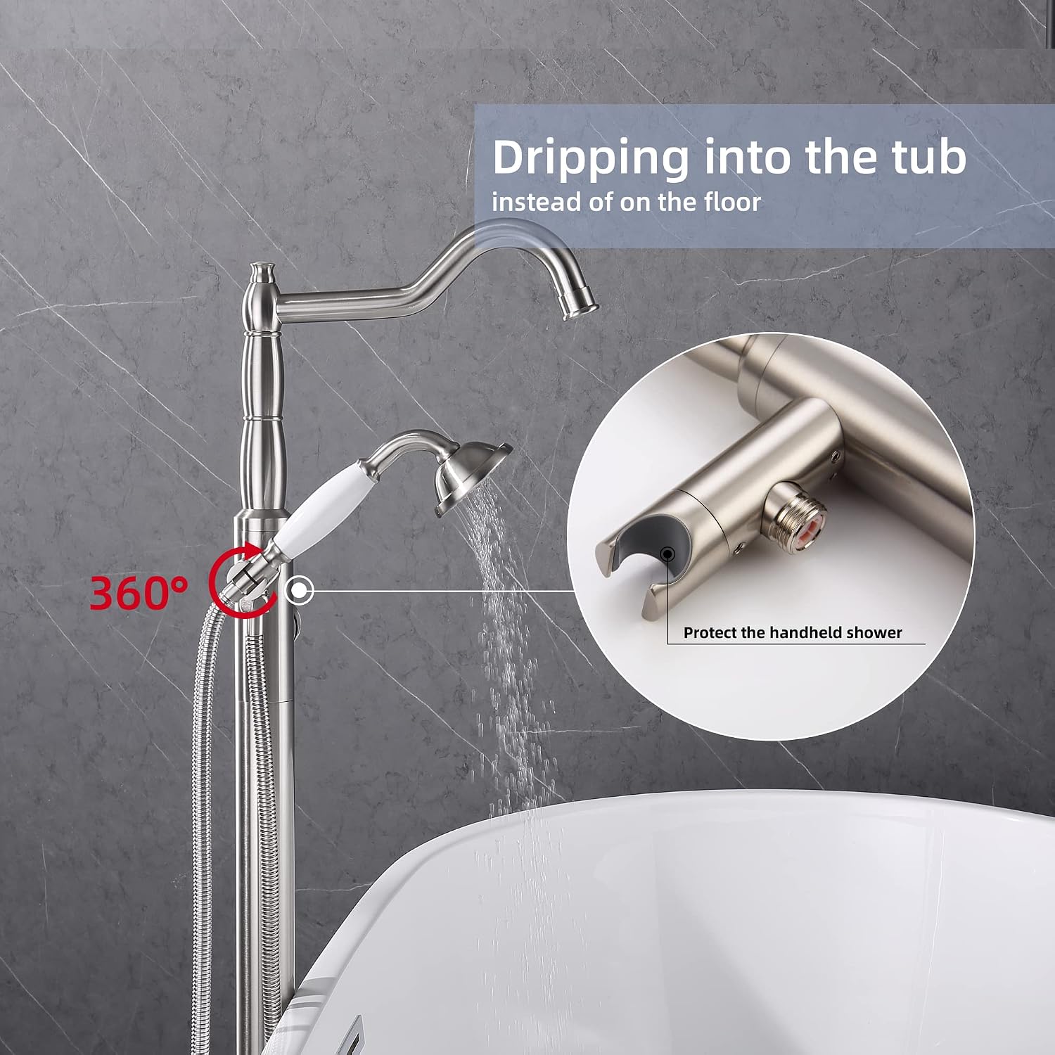 Free Standing Tub Faucet Brushed Nickel, Brass Freestanding Bathtub Faucet, Stylish Tub Filler Stand Alone Clawfoot Tub faucet Tub Fillers Floor Mounted Tub Filler with Rotate Handheld
